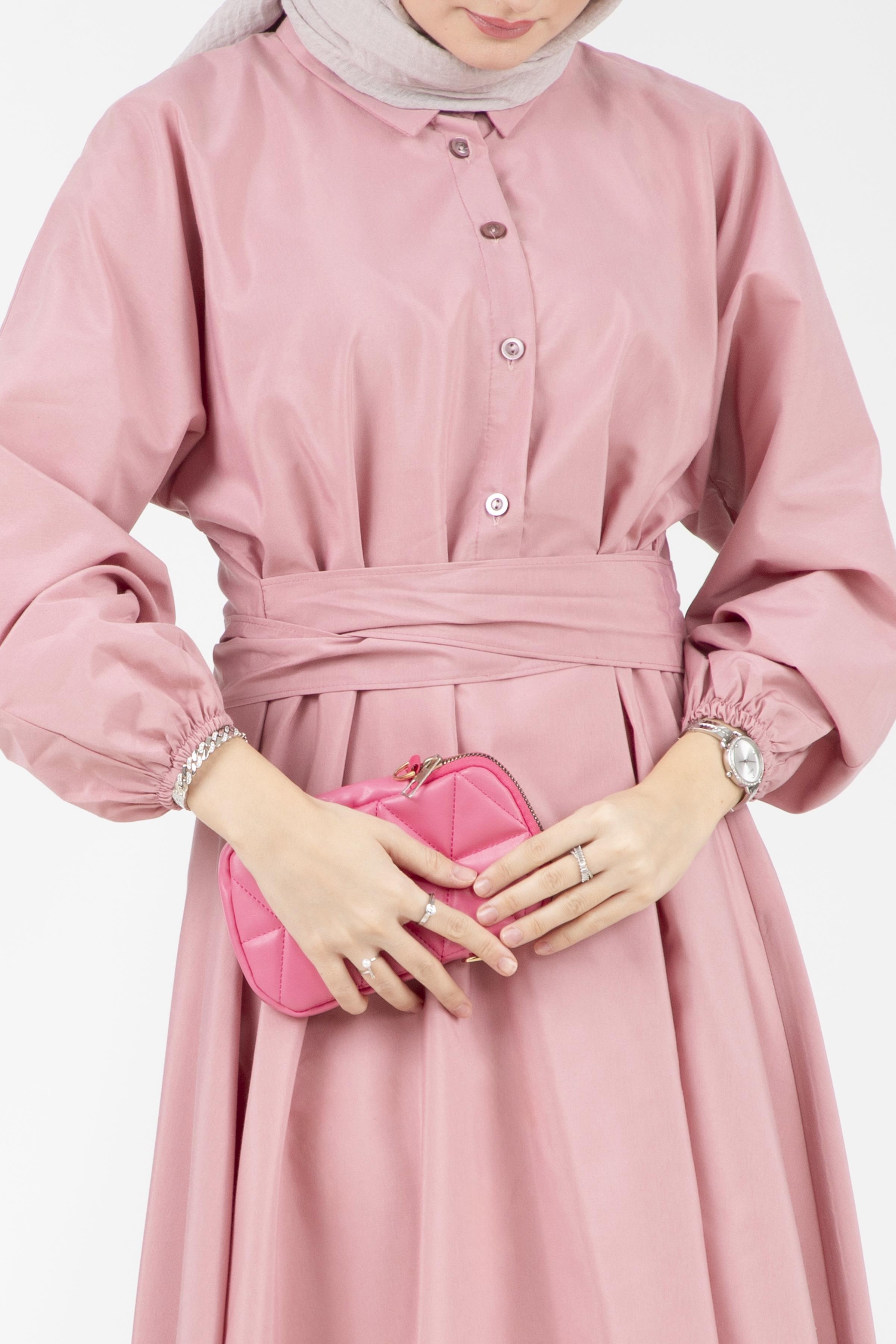 Fixed Belt Shirt Collar Dress-Pink