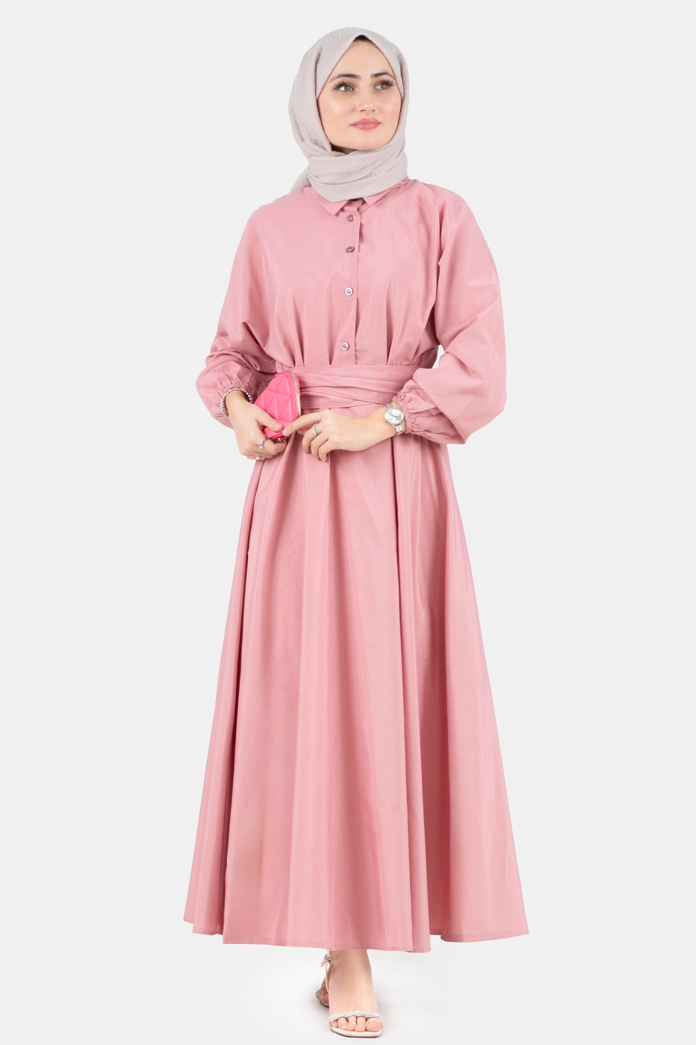 Fixed Belt Shirt Collar Dress-Pink