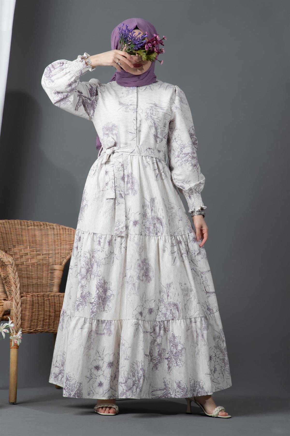 Sakura Flowers Linen Dress-Lilac