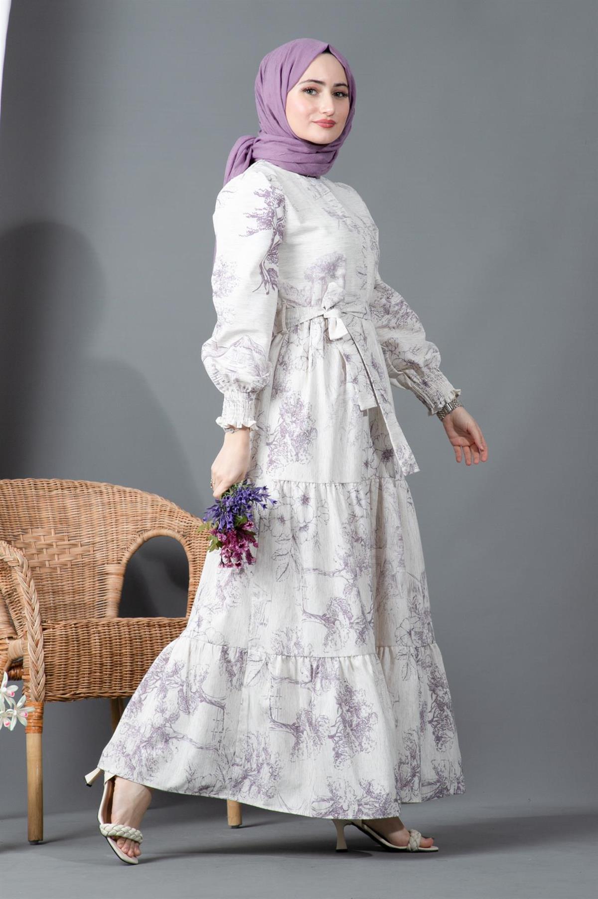 Sakura Flowers Linen Dress-Lilac