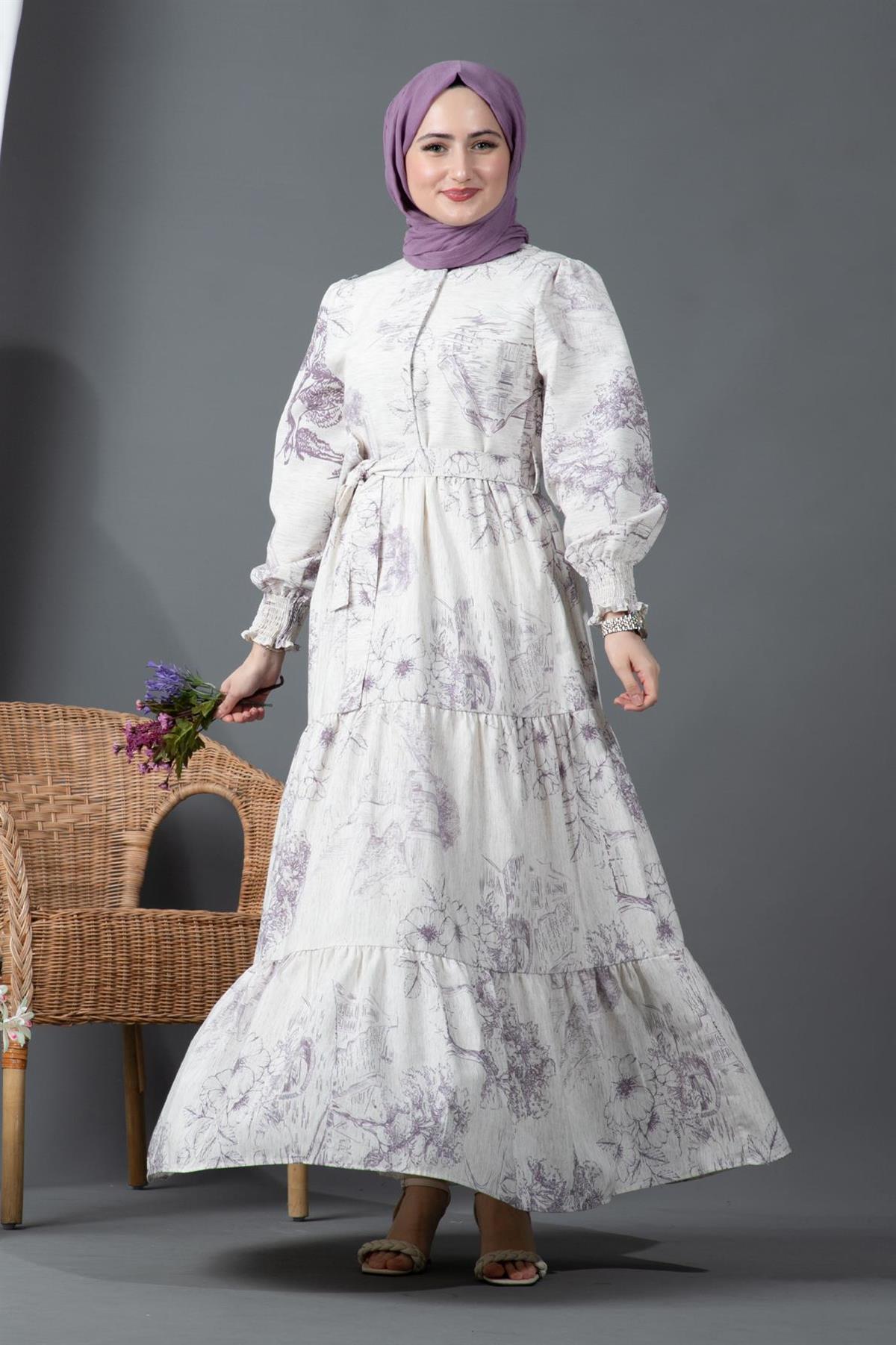 Sakura Flowers Linen Dress-Lilac