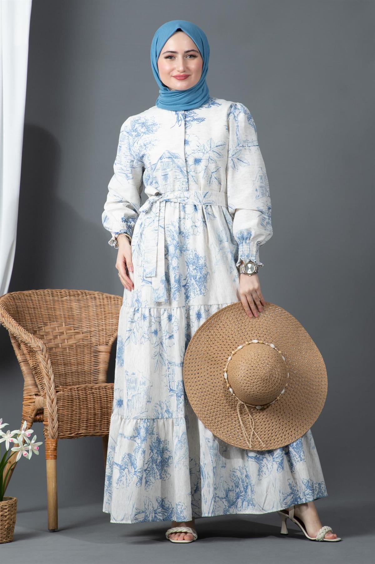Sakura Flowers Linen Dress-Blue