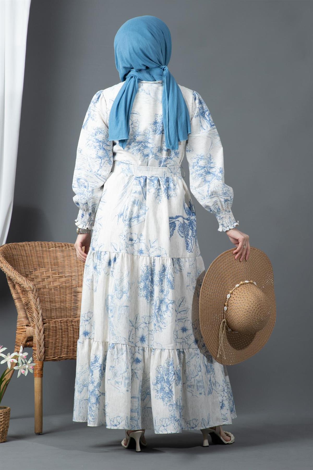Sakura Flowers Linen Dress-Blue