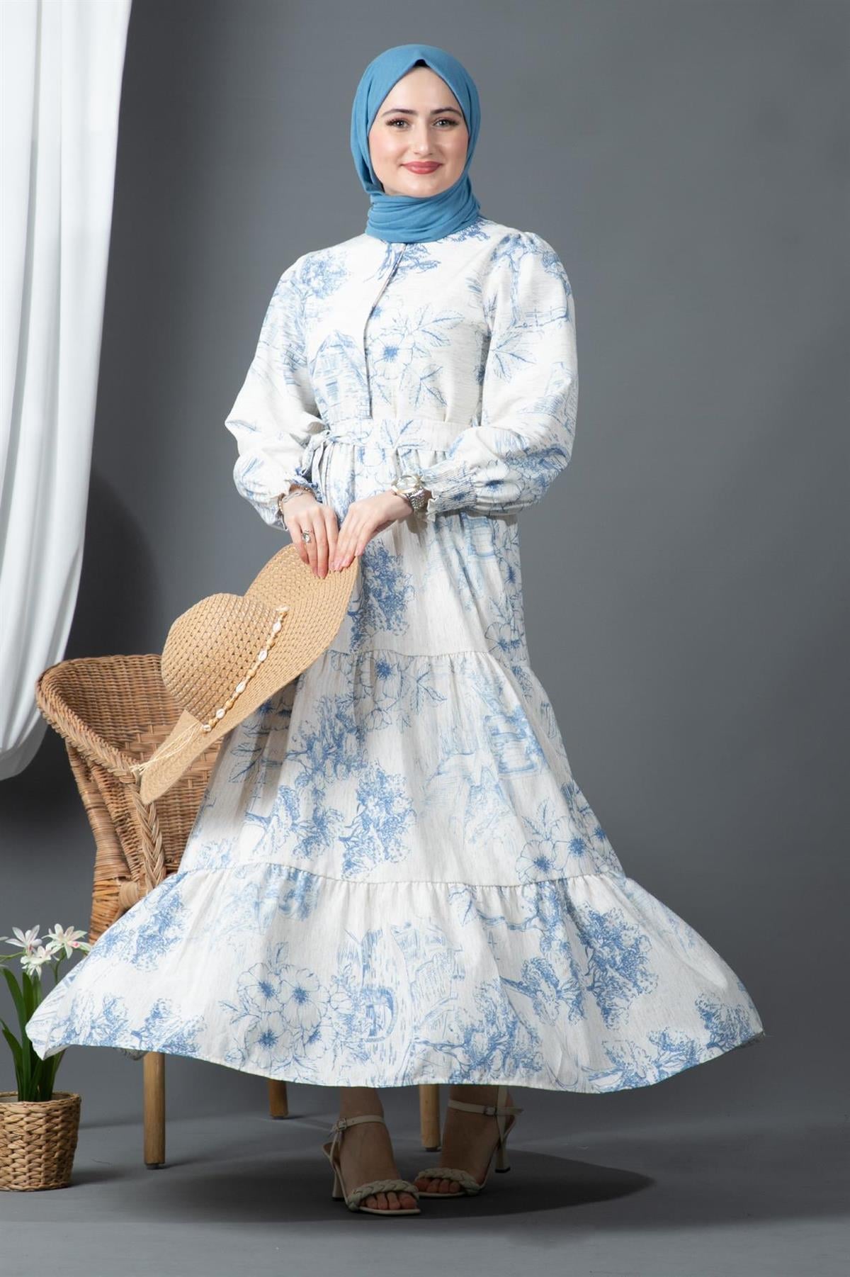 Sakura Flowers Linen Dress-Blue