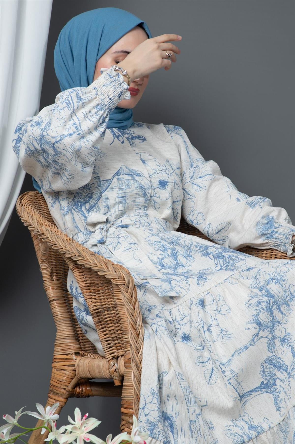 Sakura Flowers Linen Dress-Blue