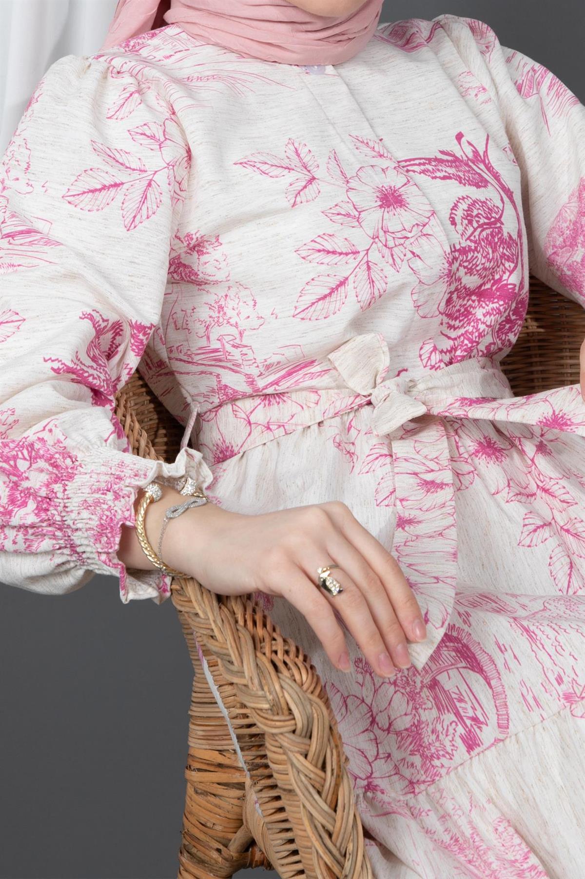 Sakura Flowers Linen Dress-Pink