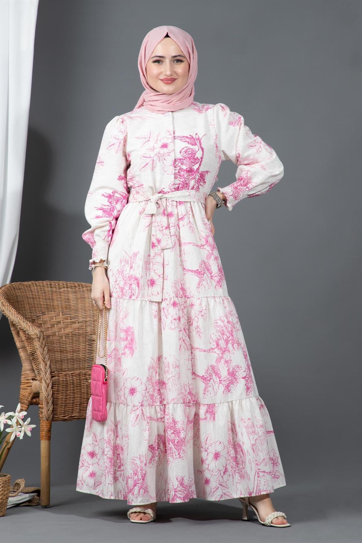 Sakura Flowers Linen Dress-Pink