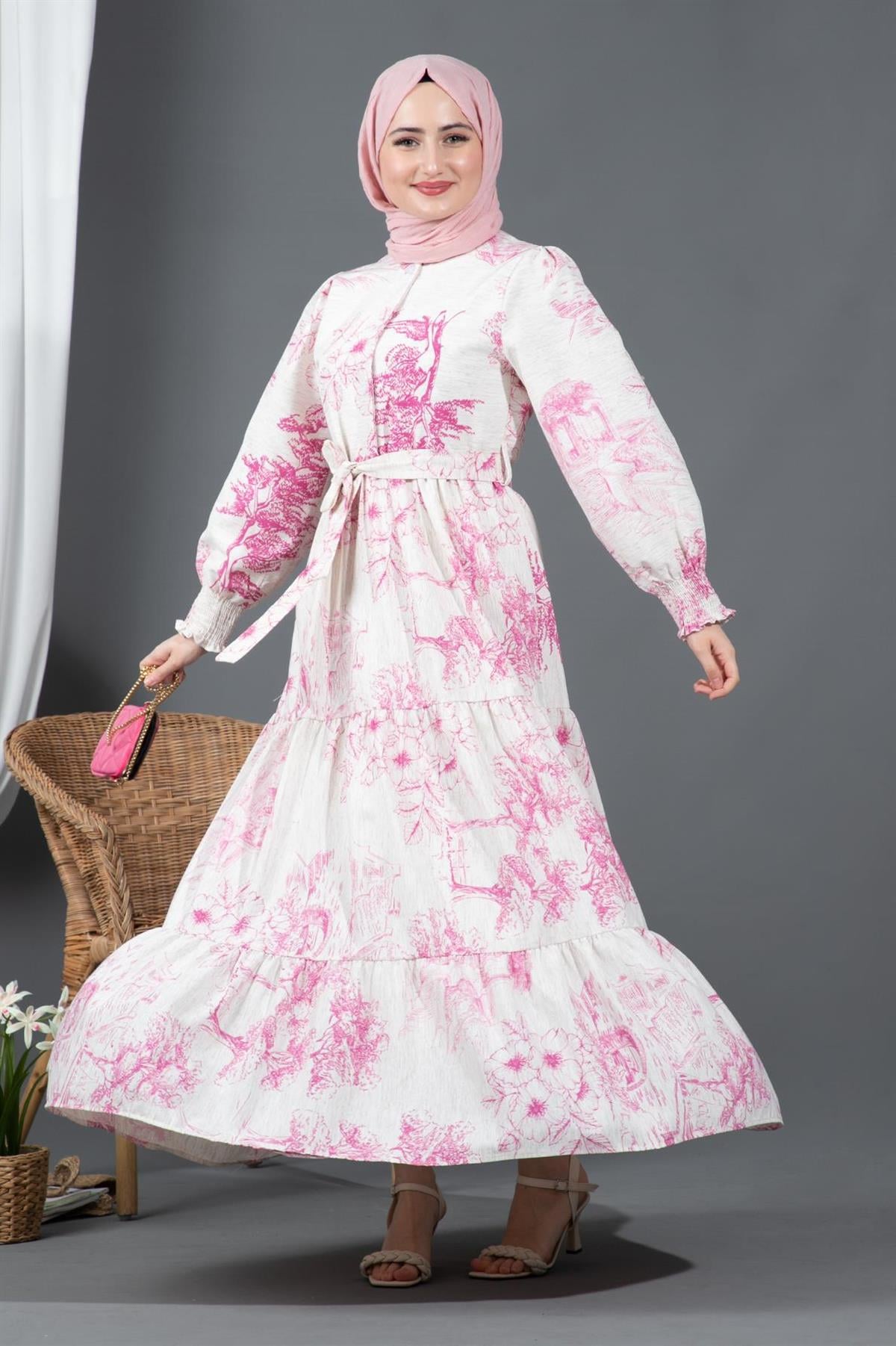 Sakura Flowers Linen Dress-Pink
