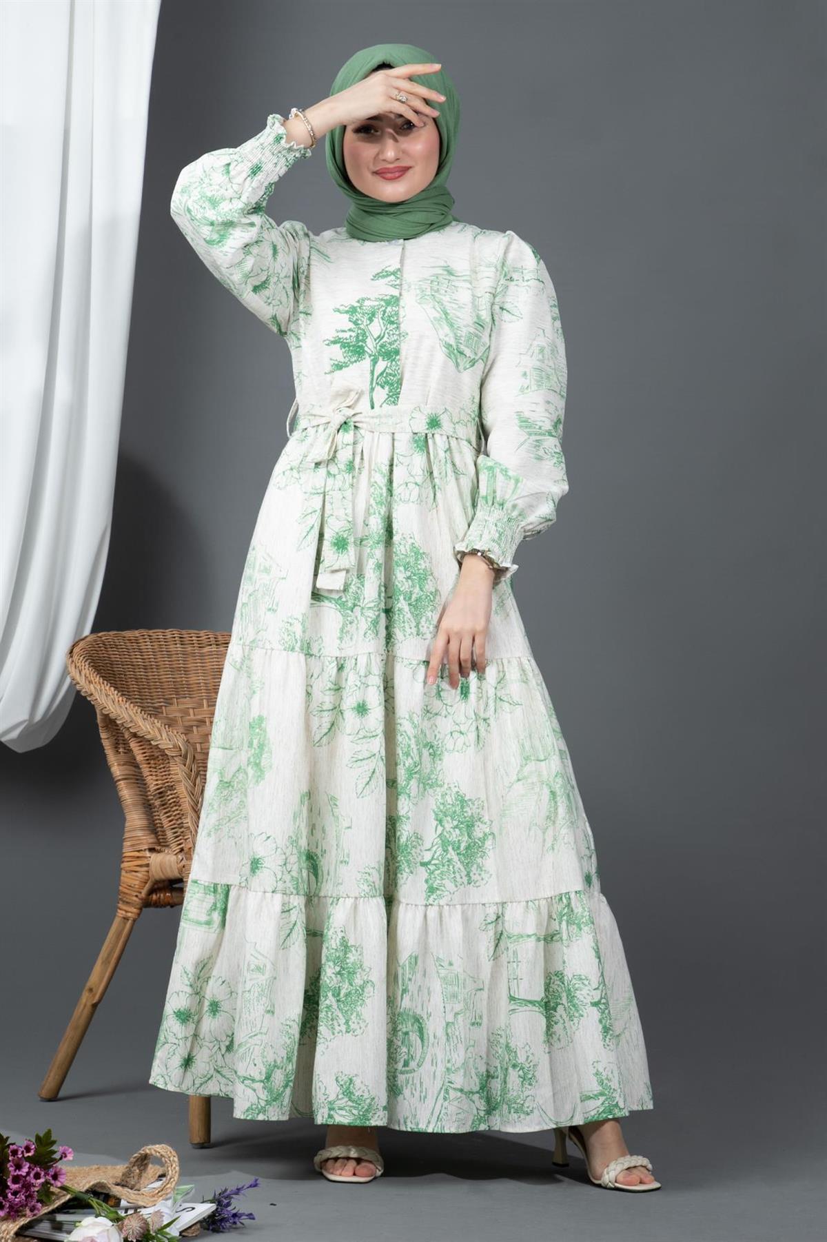 Sakura Flowers Linen Dress-Green