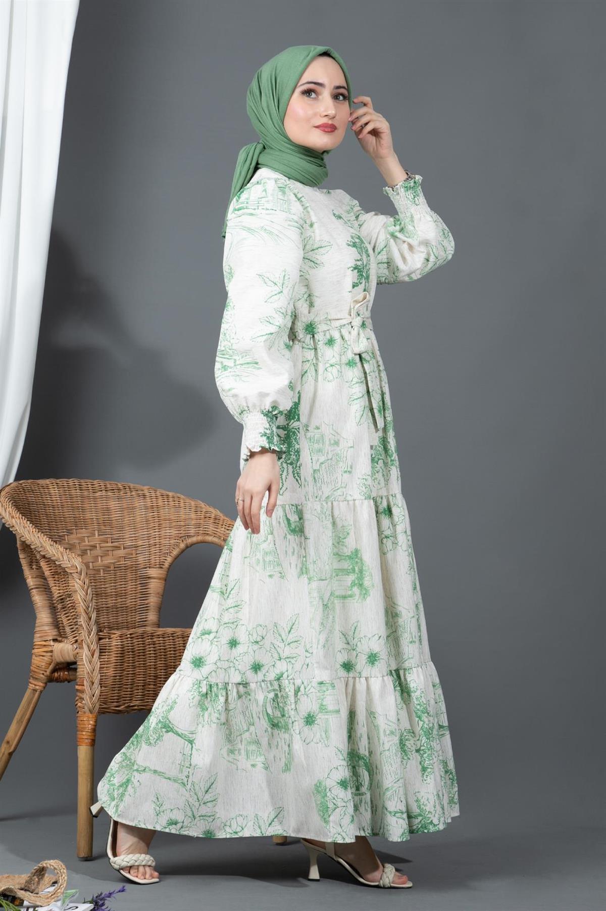 Sakura Flowers Linen Dress-Green