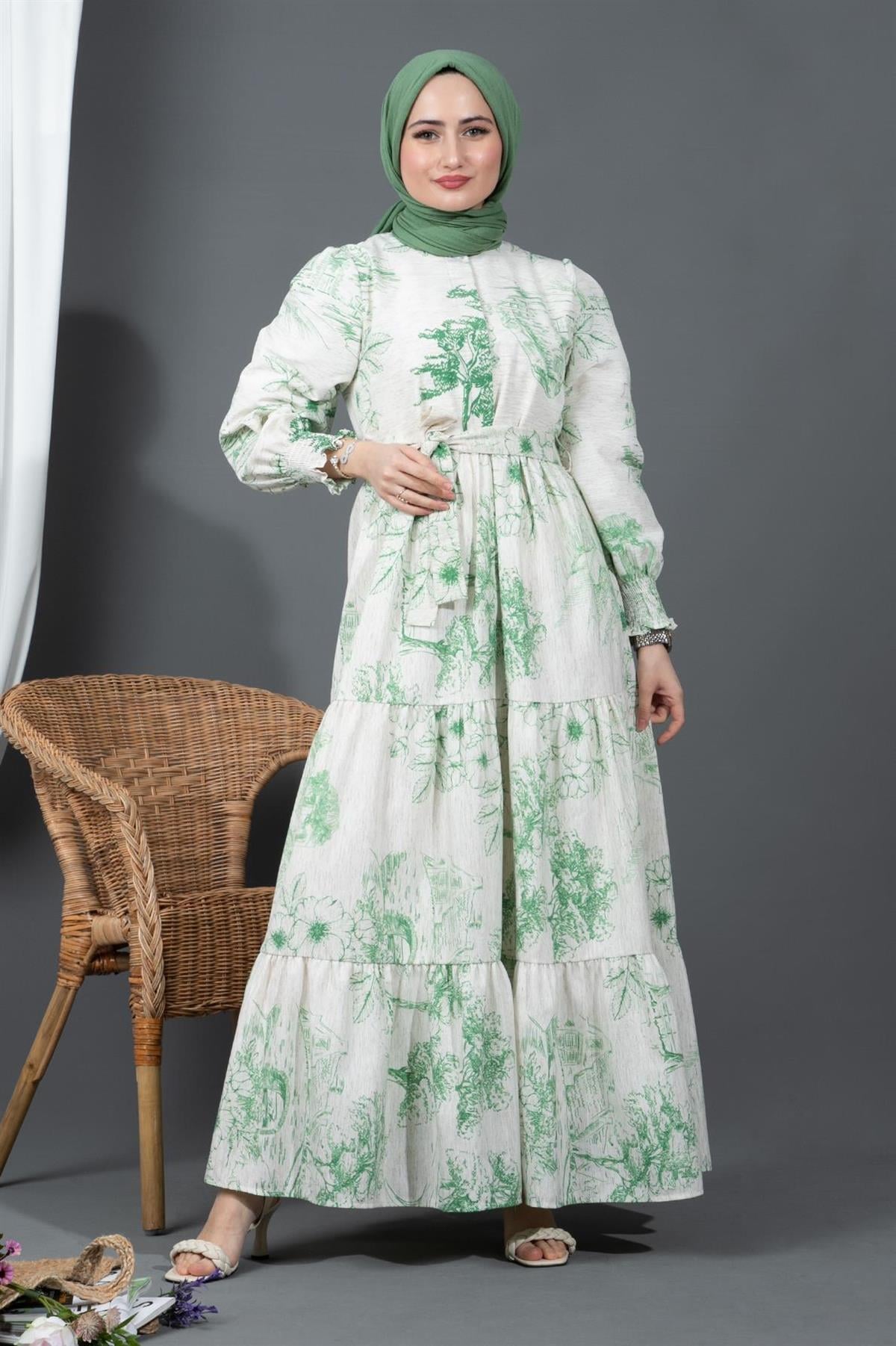 Sakura Flowers Linen Dress-Green