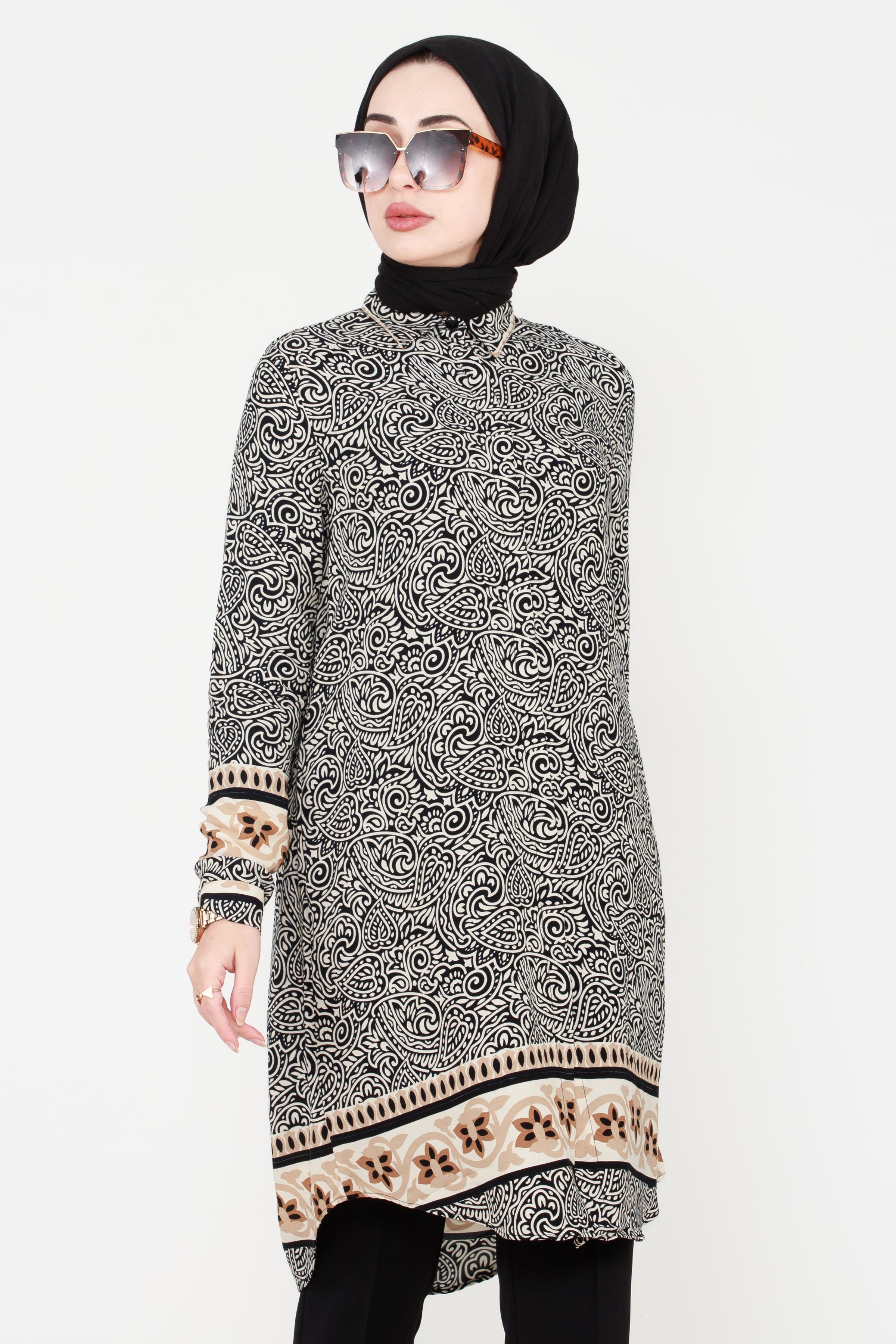 Shawl Patterned Viscose Tunic - Beige