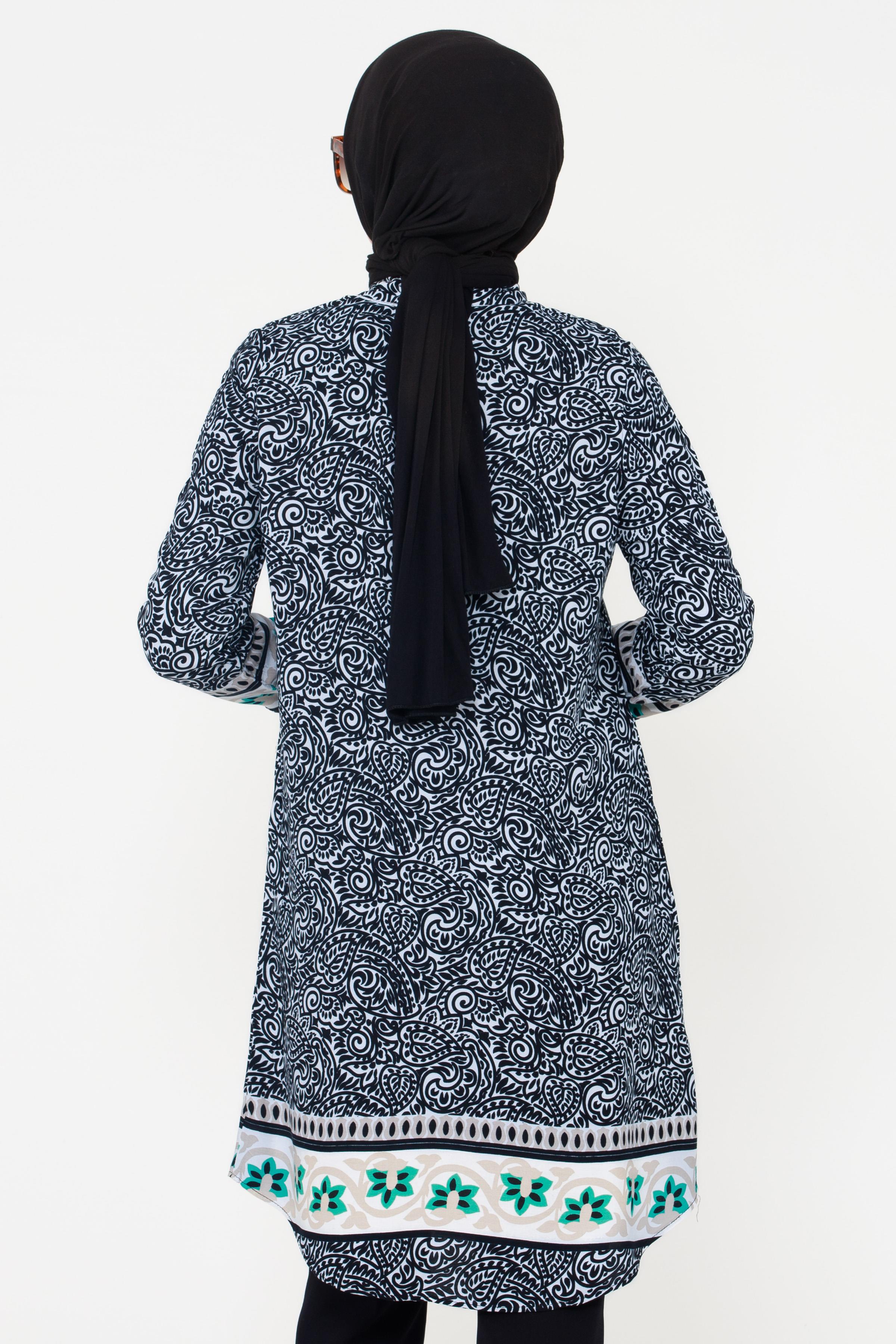 Shawl Patterned Viscose Tunic - Black