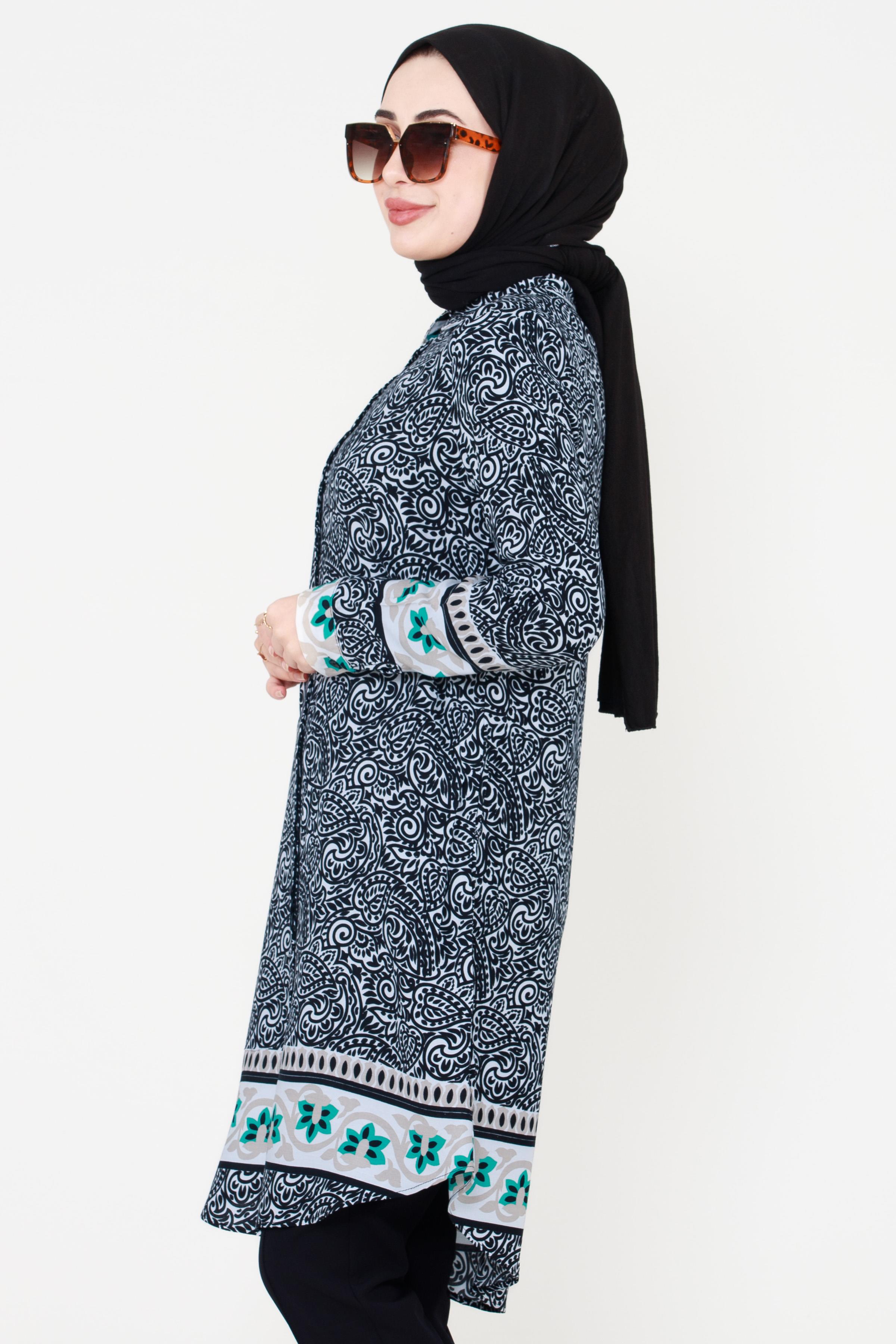 Shawl Patterned Viscose Tunic - Black