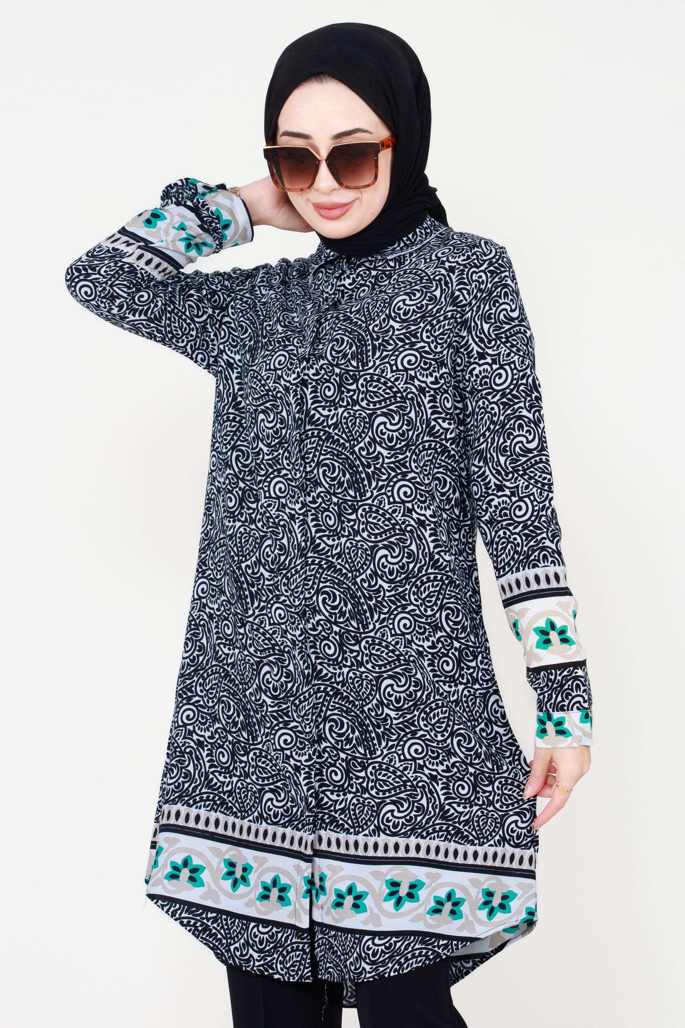Shawl Patterned Viscose Tunic - Black