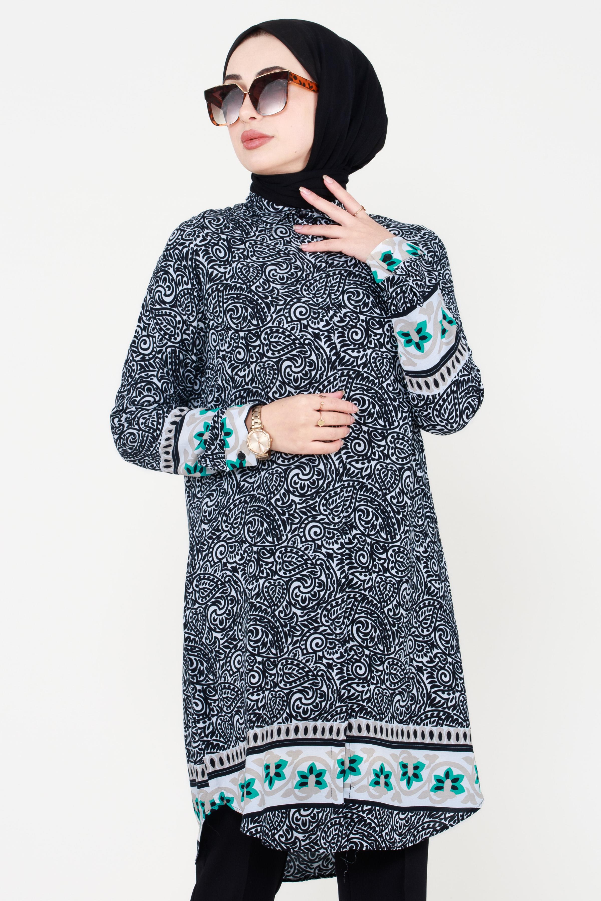 Shawl Patterned Viscose Tunic - Black