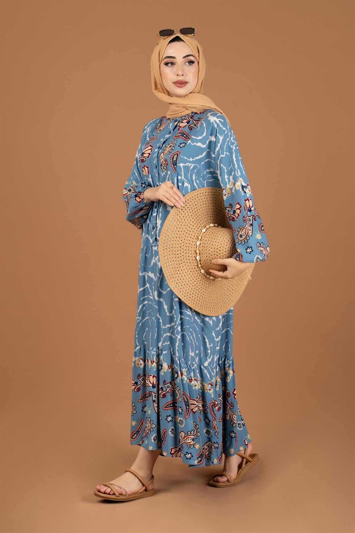 Paisley Desing Viscose Fabric Half Buttoned Dress-Blue 