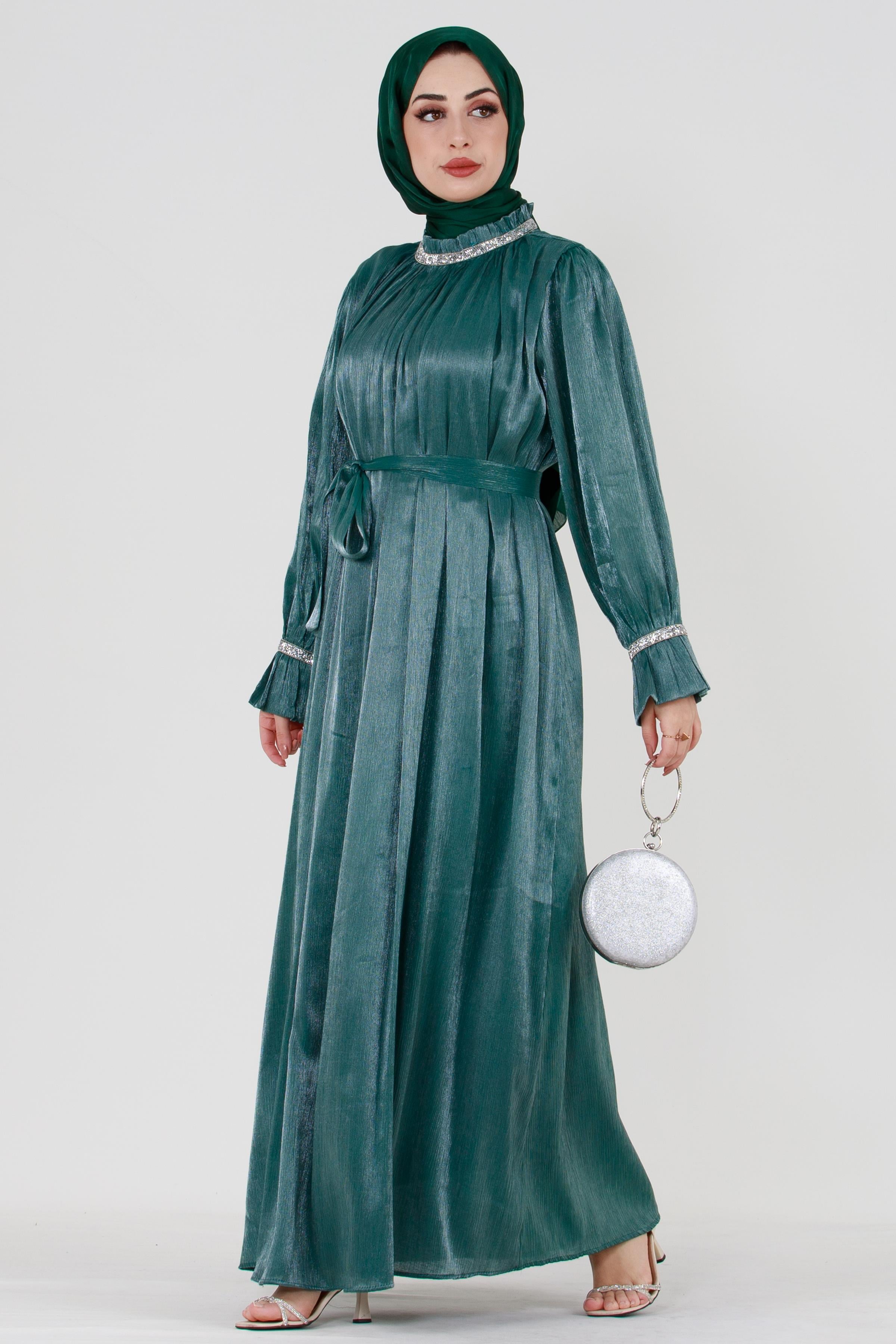 Sequined Embellished Evening Dress - Emerald Green