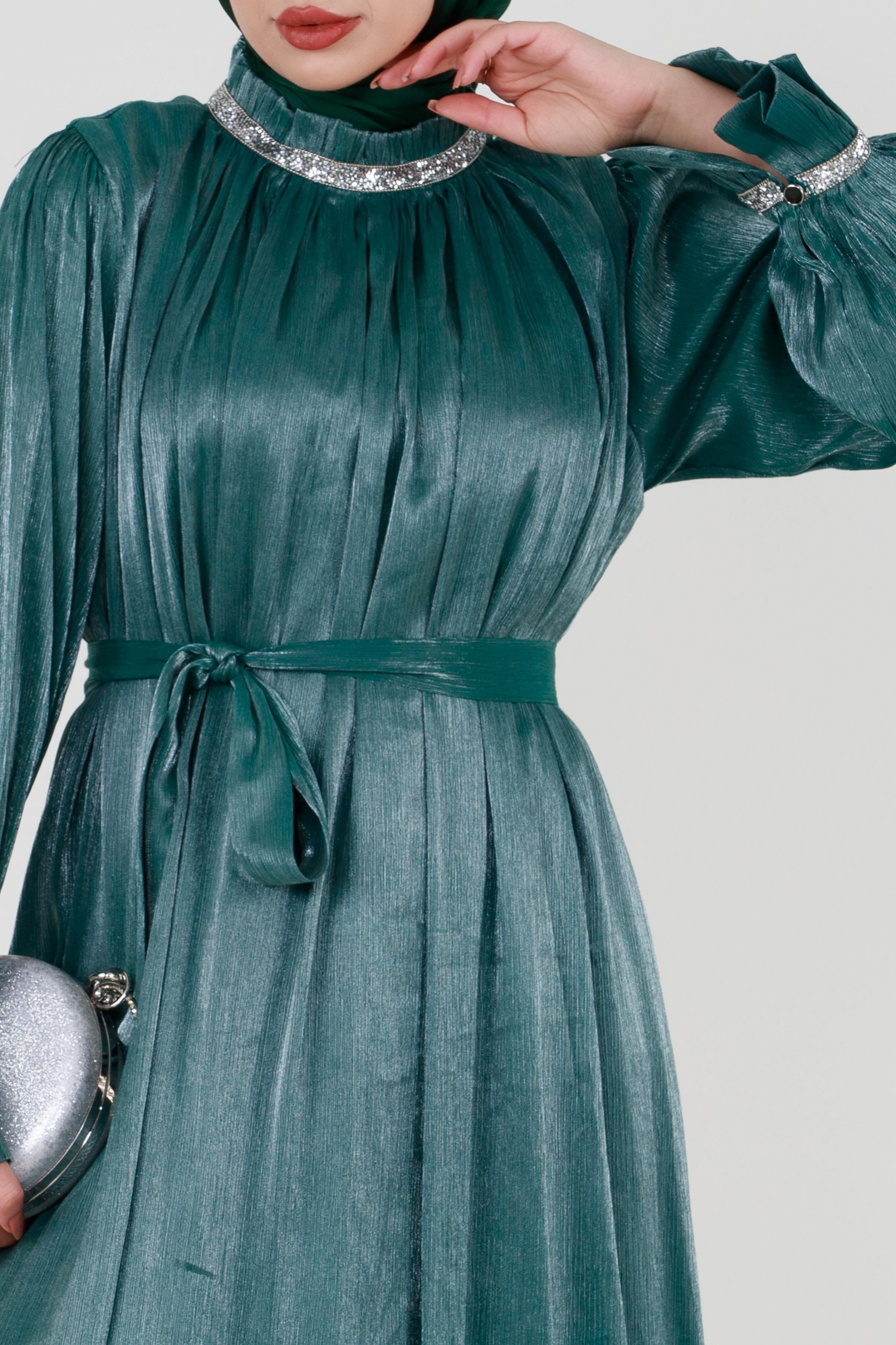 Sequined Embellished Evening Dress - Emerald Green