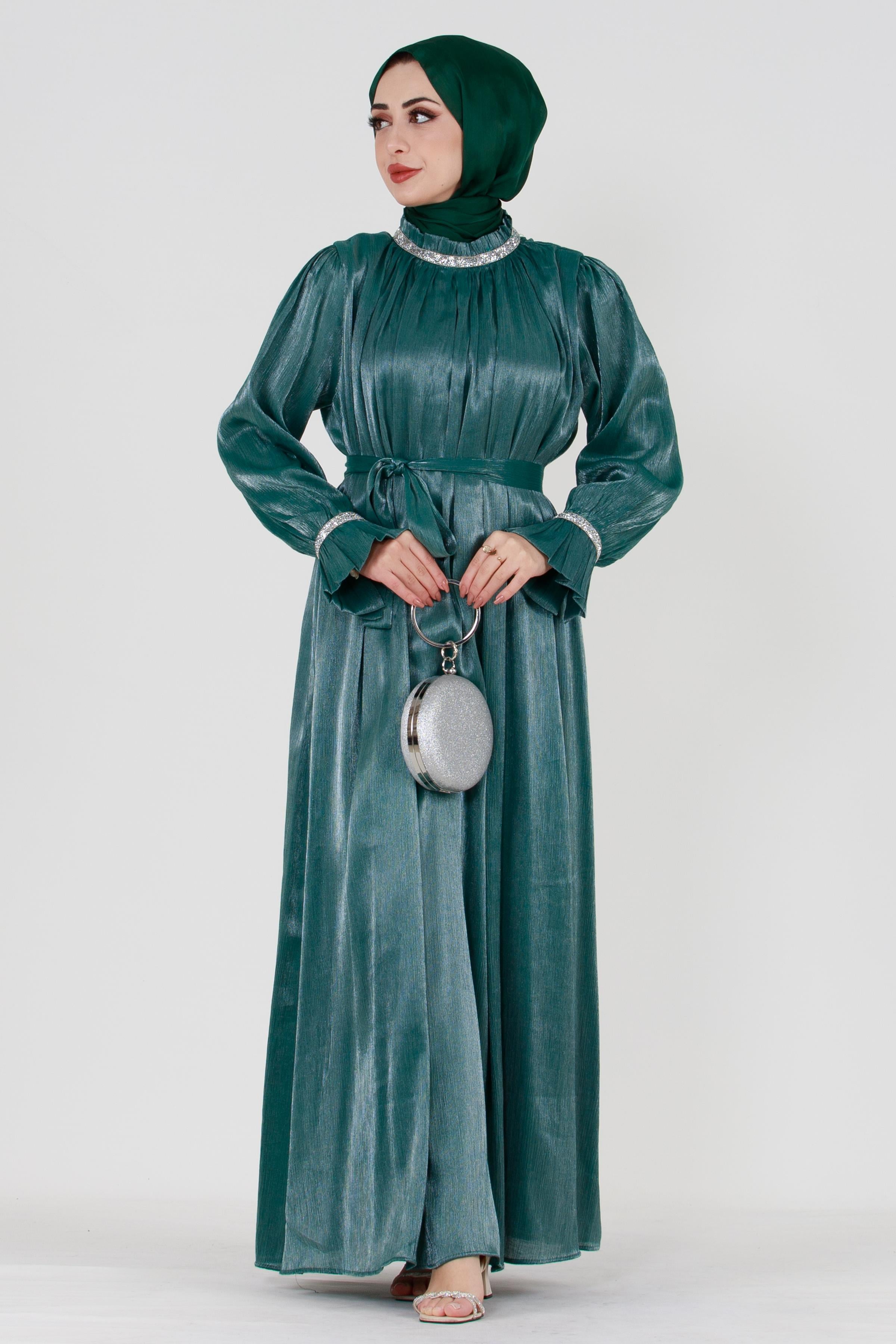 Sequined Embellished Evening Dress - Emerald Green