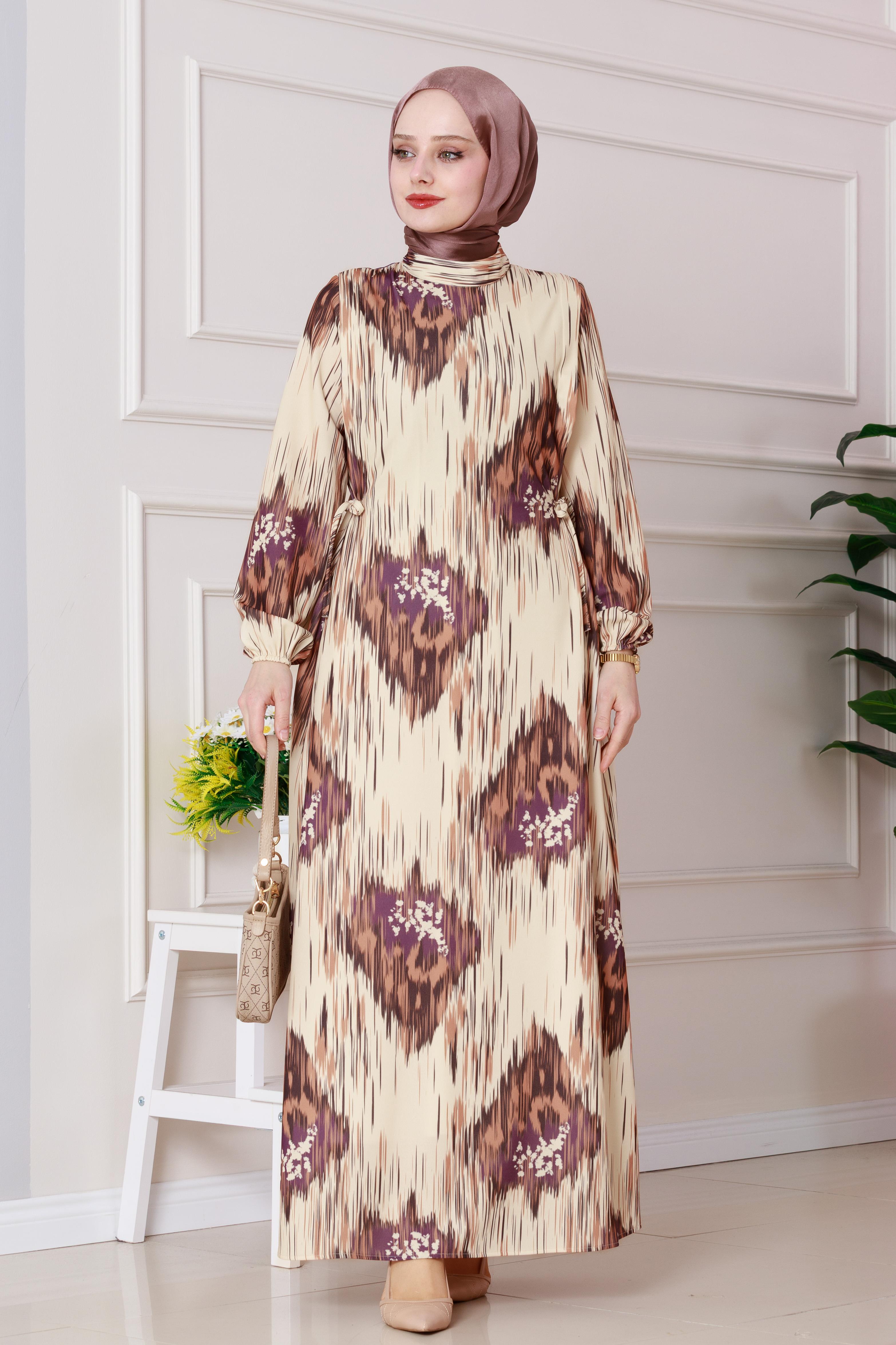 فستان صوفيا المنقوش برباط جانبي - اللون البني