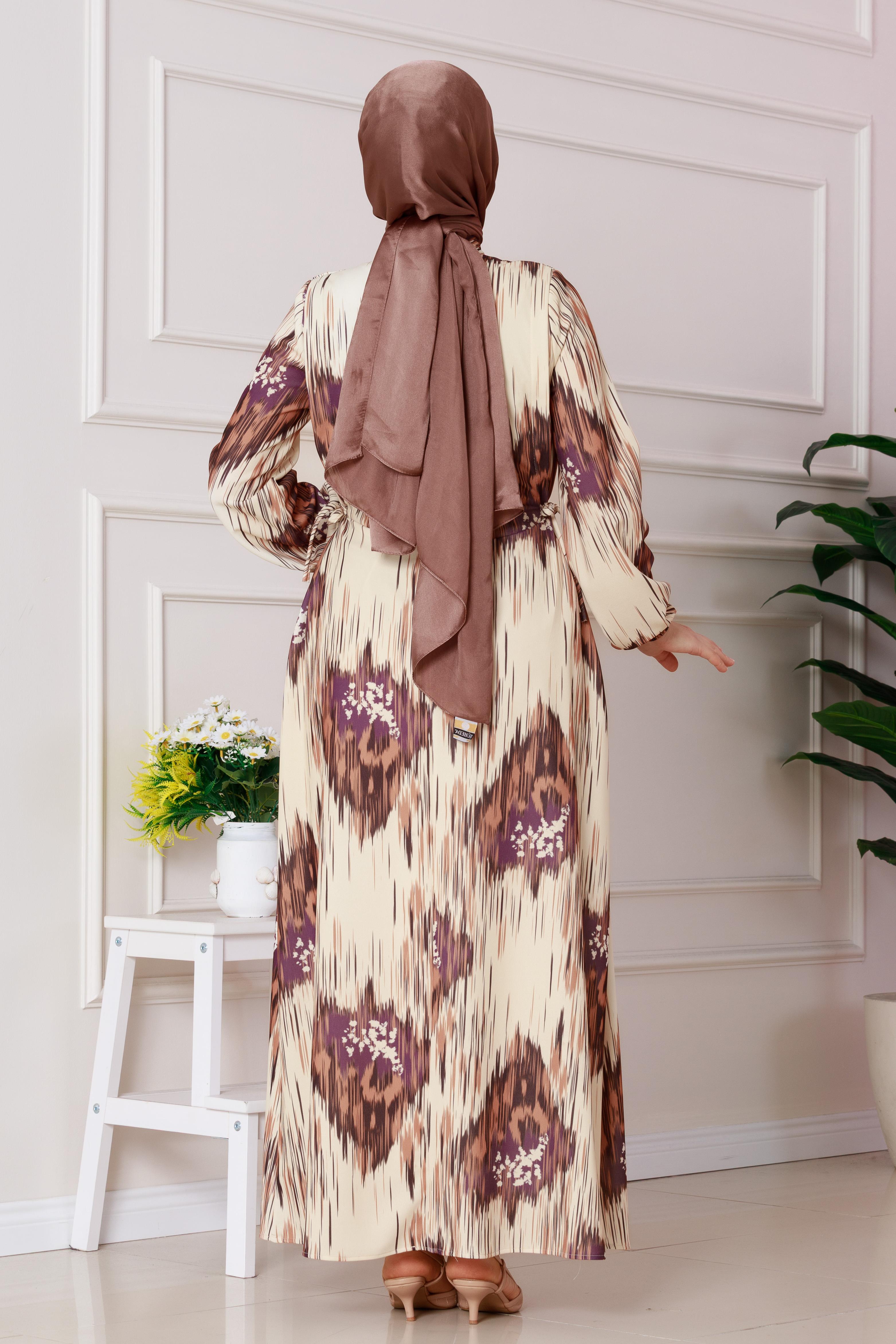 فستان صوفيا المنقوش برباط جانبي - اللون البني