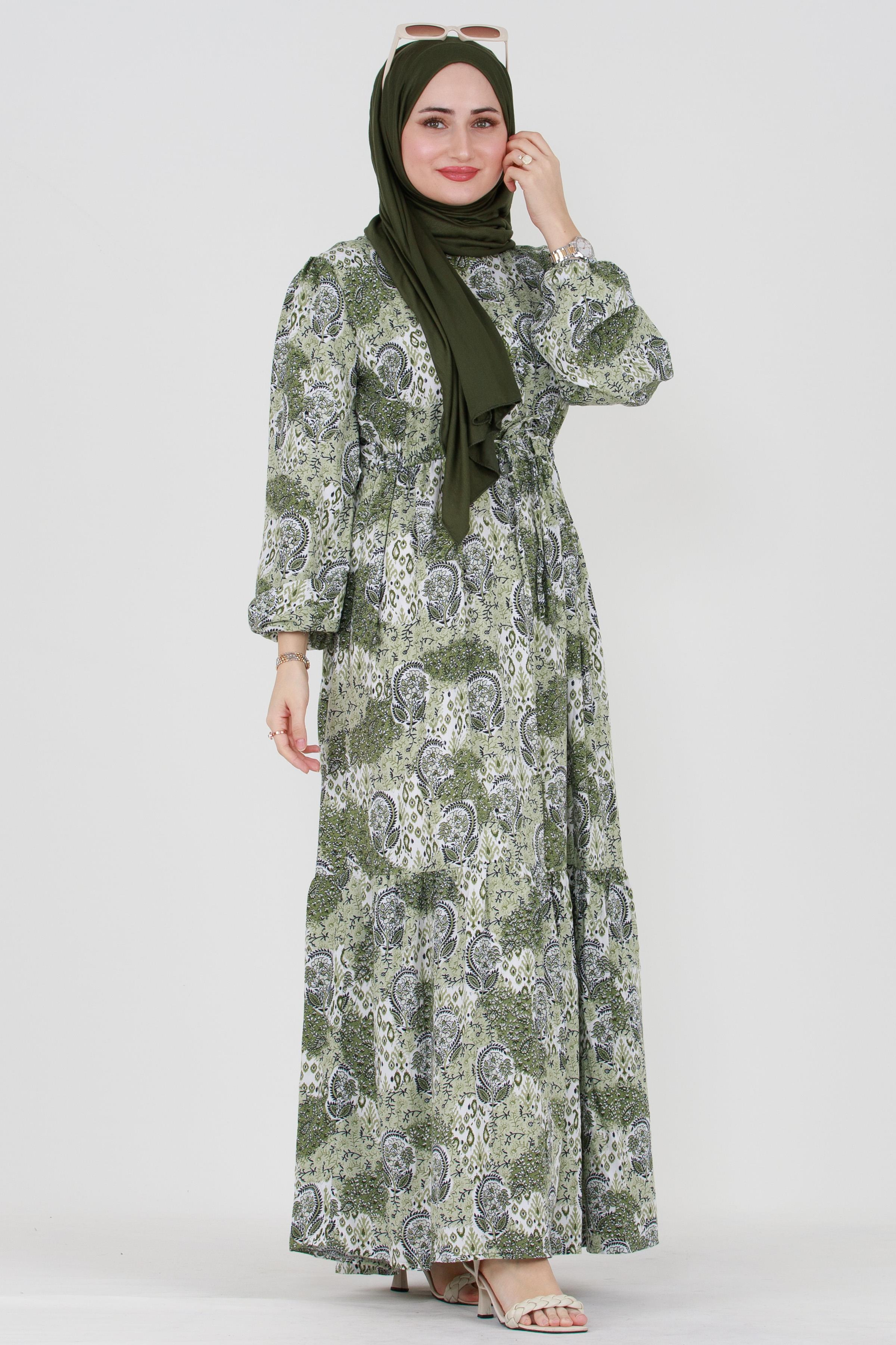 Abstract Patterned Belted Viscose Dress - Green