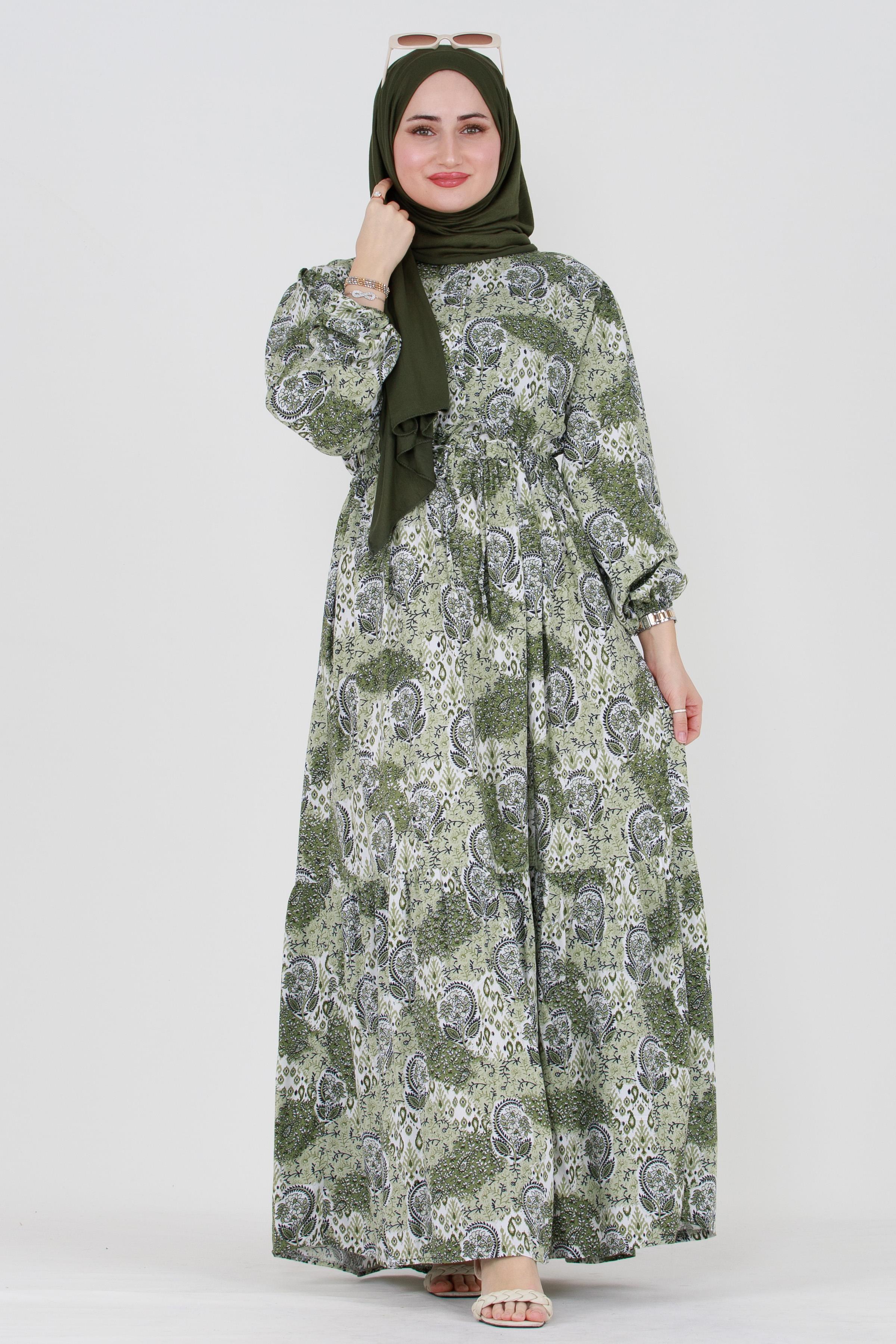 Abstract Patterned Belted Viscose Dress - Green