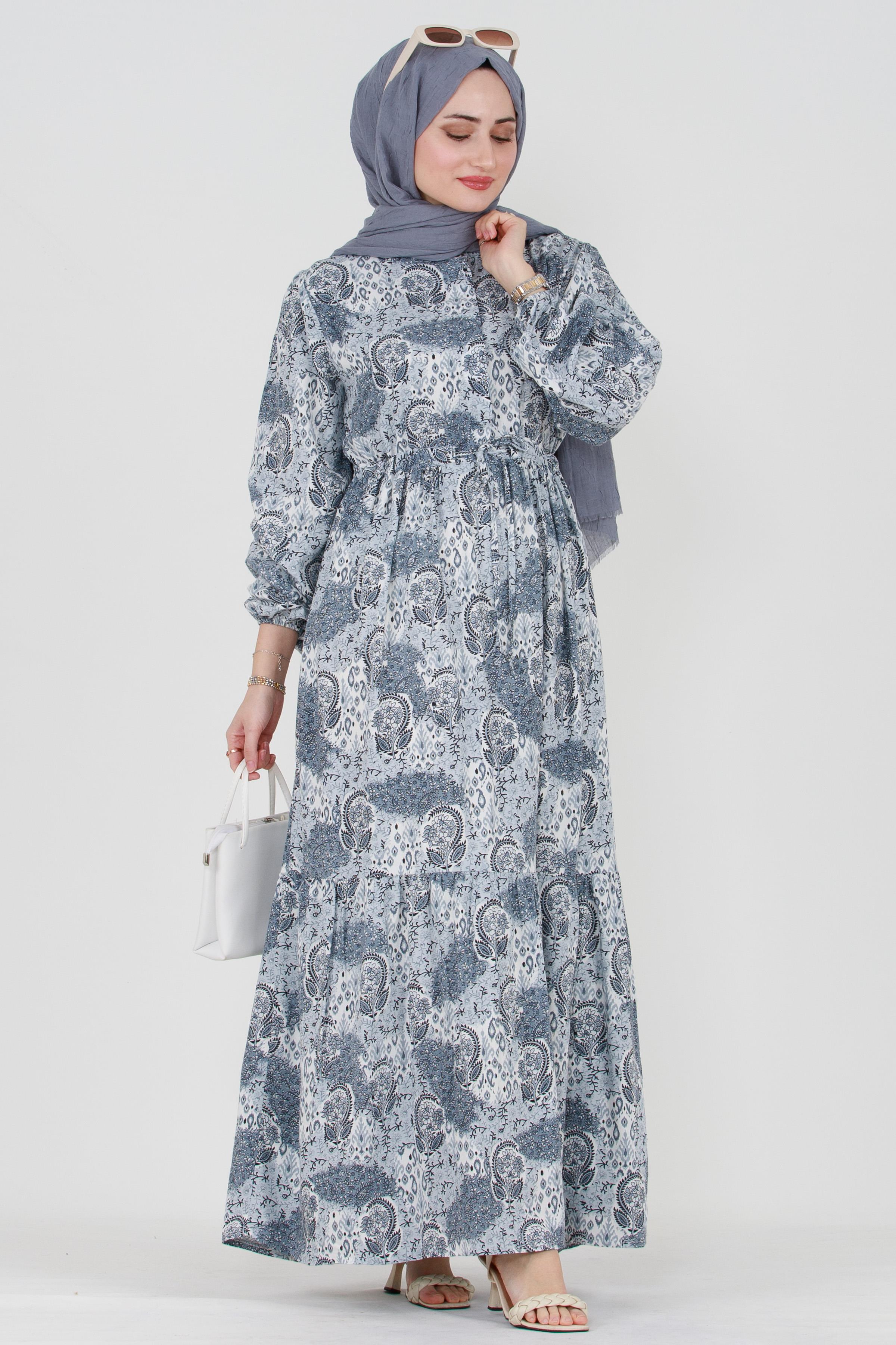 Abstract Patterned Belted Viscose Dress - Gray