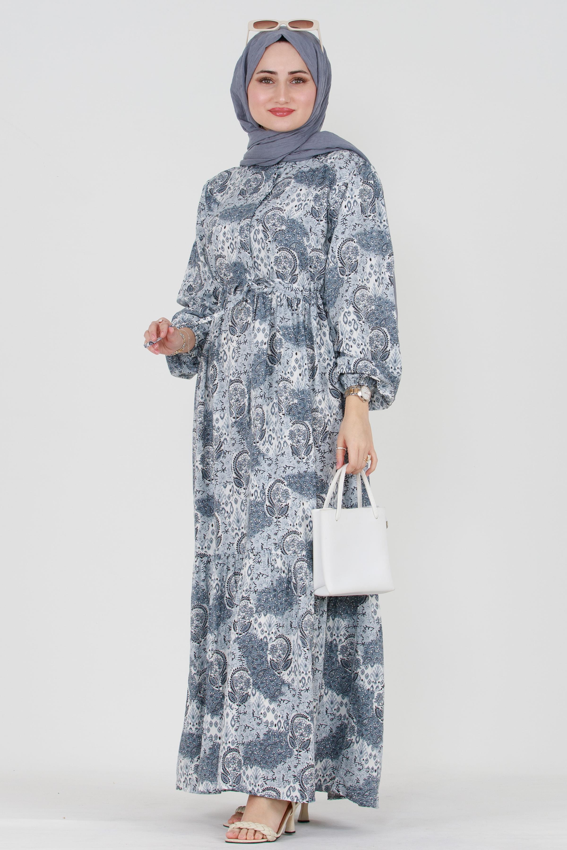 Abstract Patterned Belted Viscose Dress - Gray