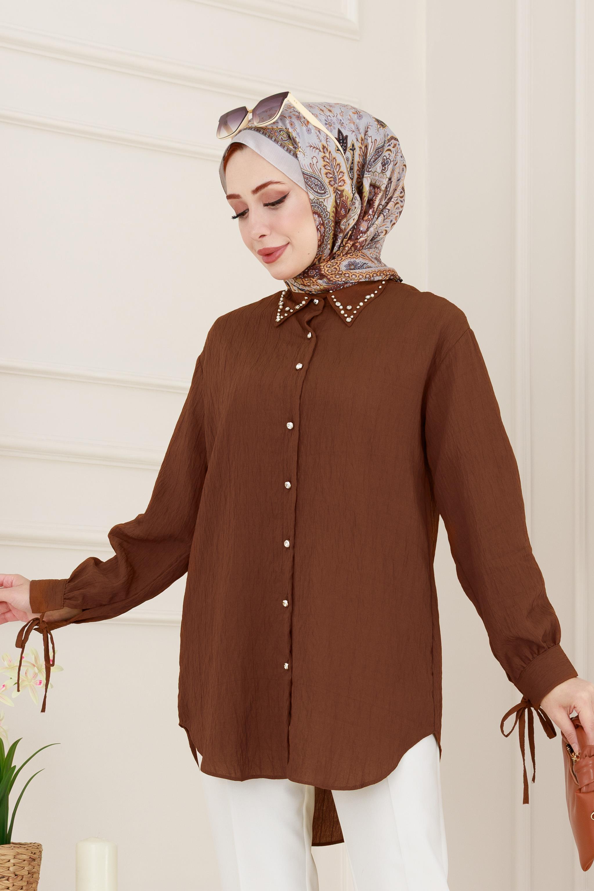 Taş Detaylı Hilal Tunik-Kahverengi