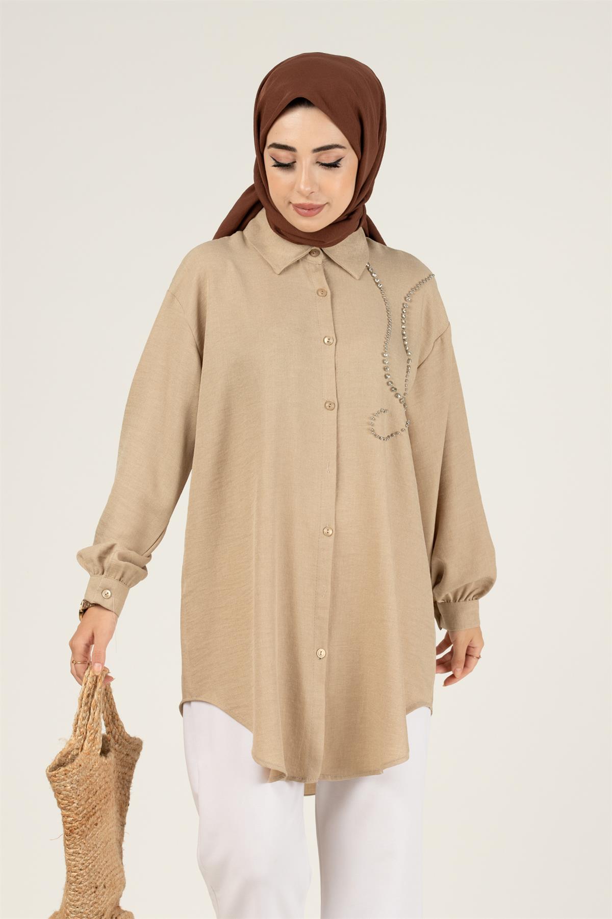 Taş Detaylı Tunik-Bej