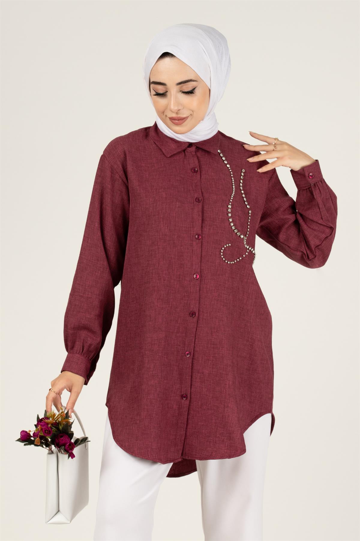 Taş Detaylı Tunik-Mürdüm