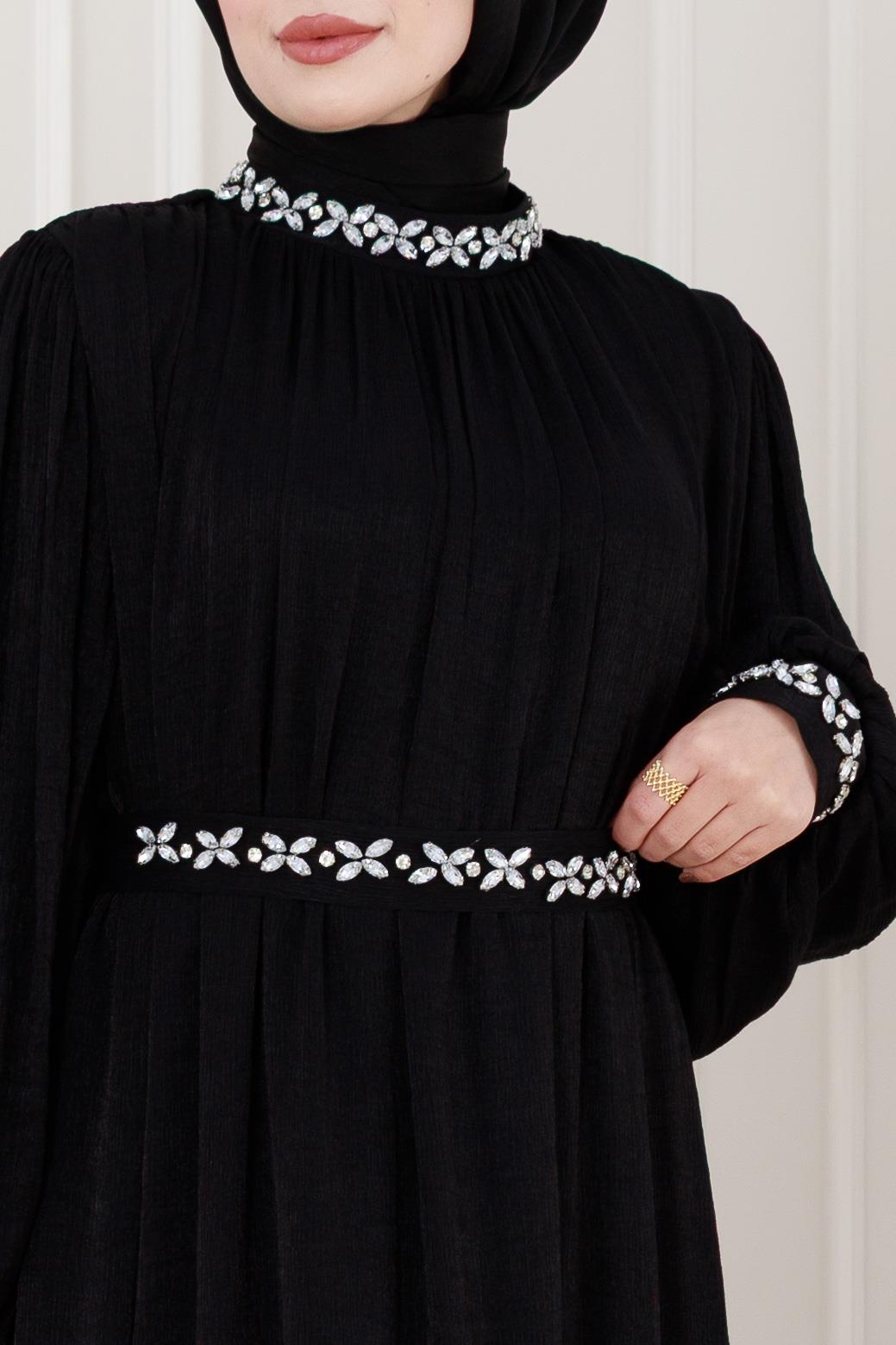 Taş İşlemeli Simay Abiye-Siyah