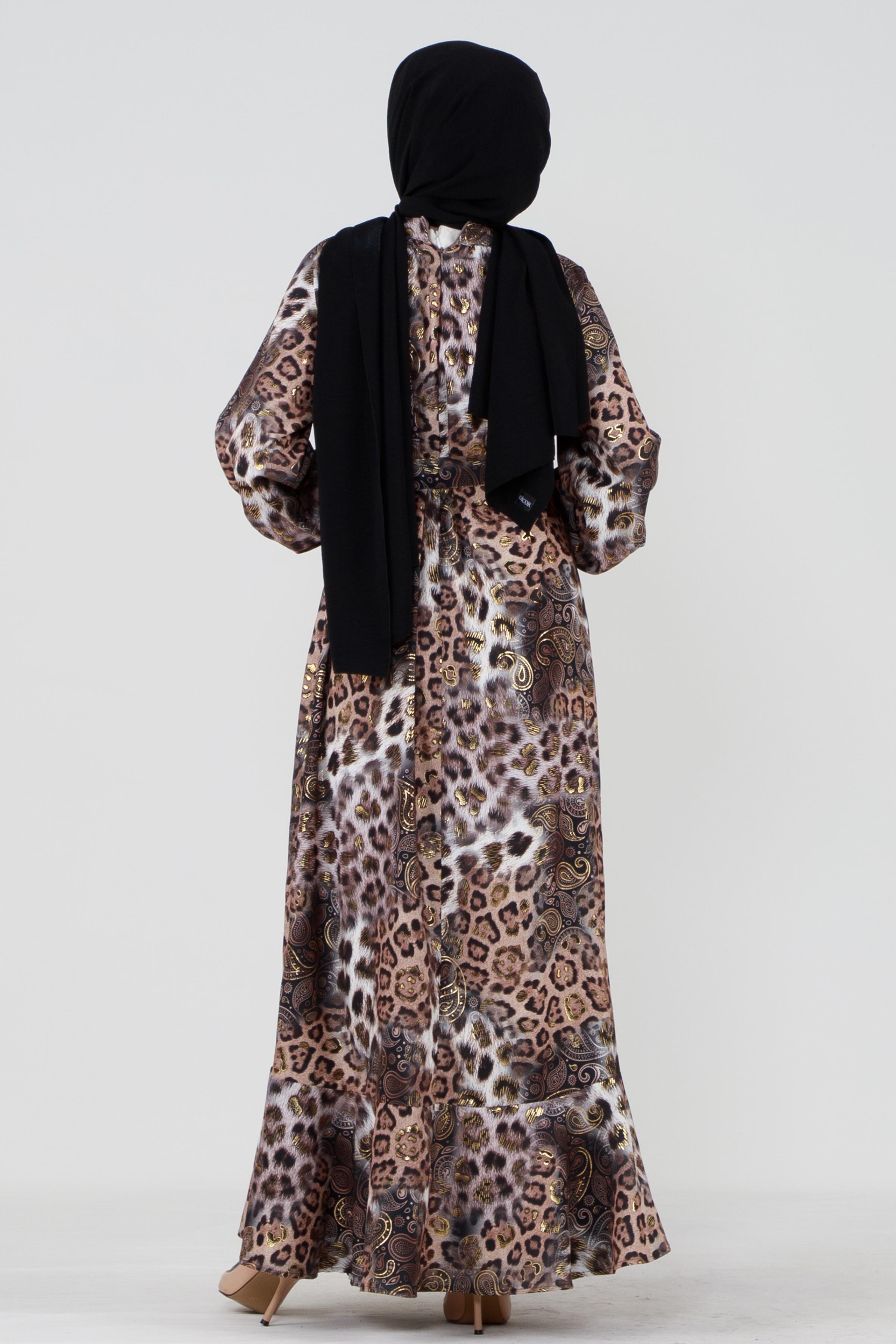 Varak Detaylı Leopar Desenli Elbise-VİZON