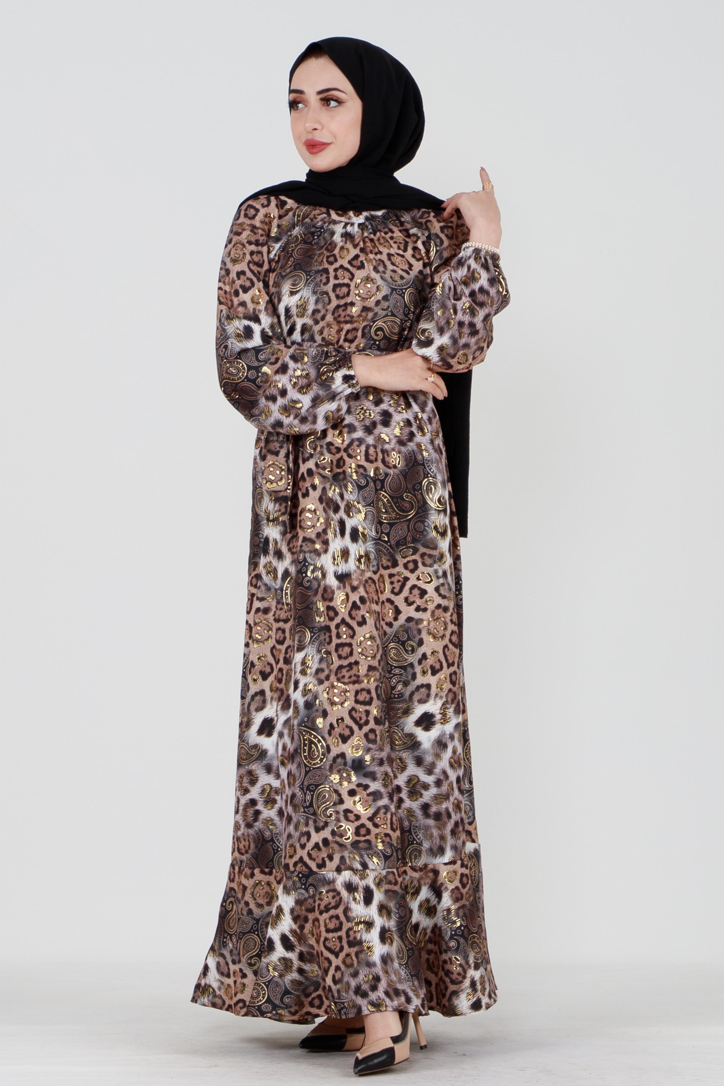 Varak Detaylı Leopar Desenli Elbise-VİZON