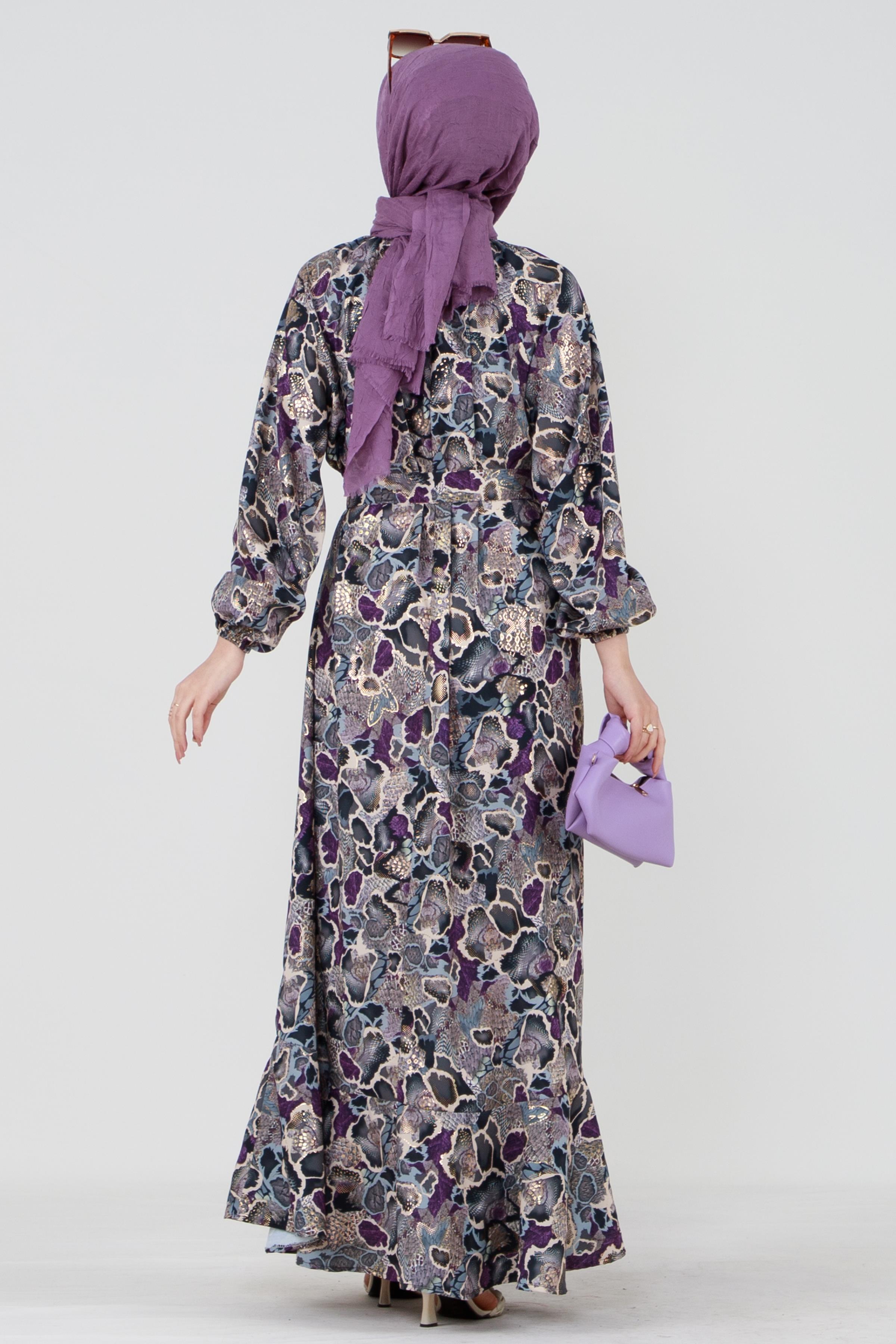 Gold Detail Mosaic Patterned Dress-Purple