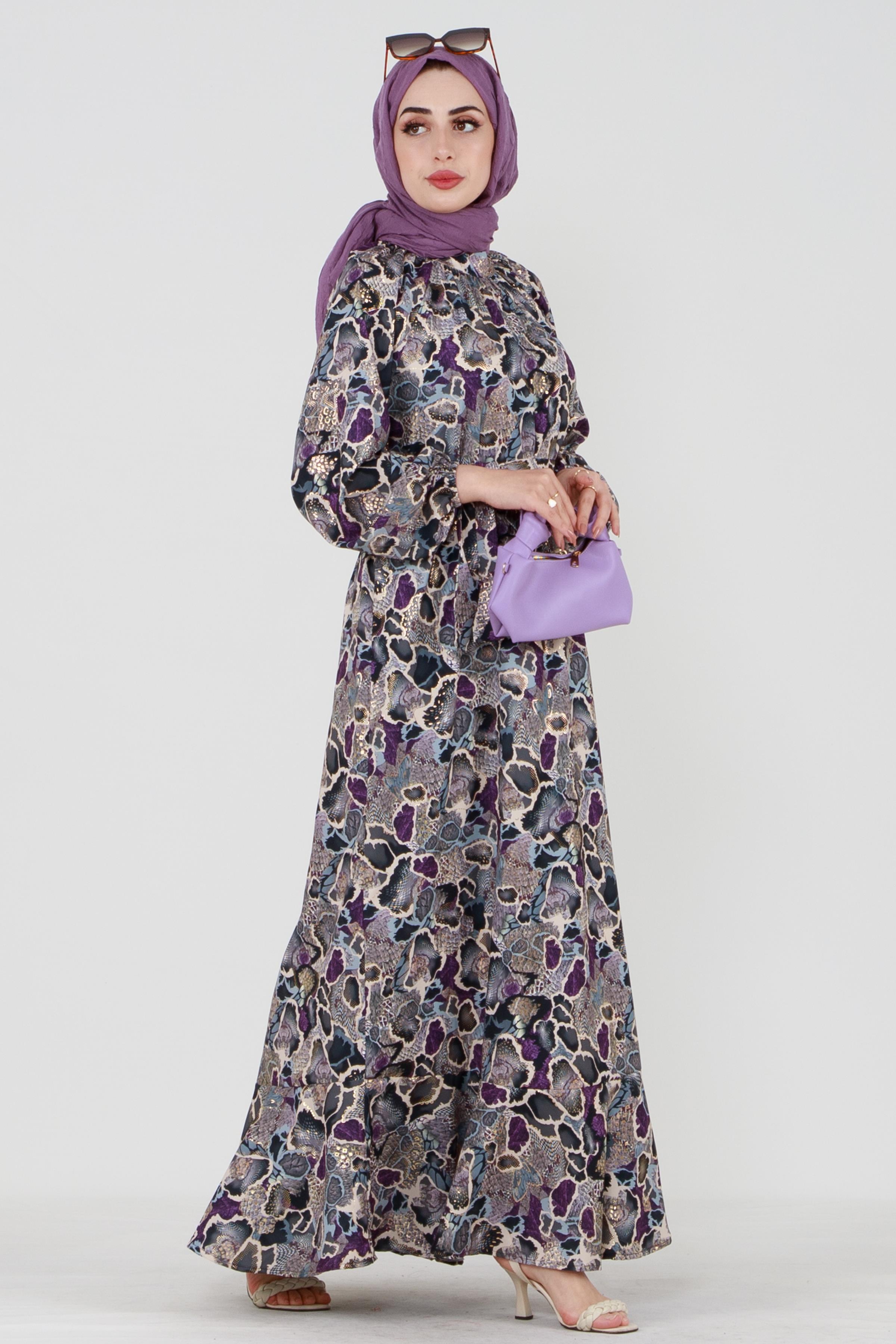 Gold Detail Mosaic Patterned Dress-Purple