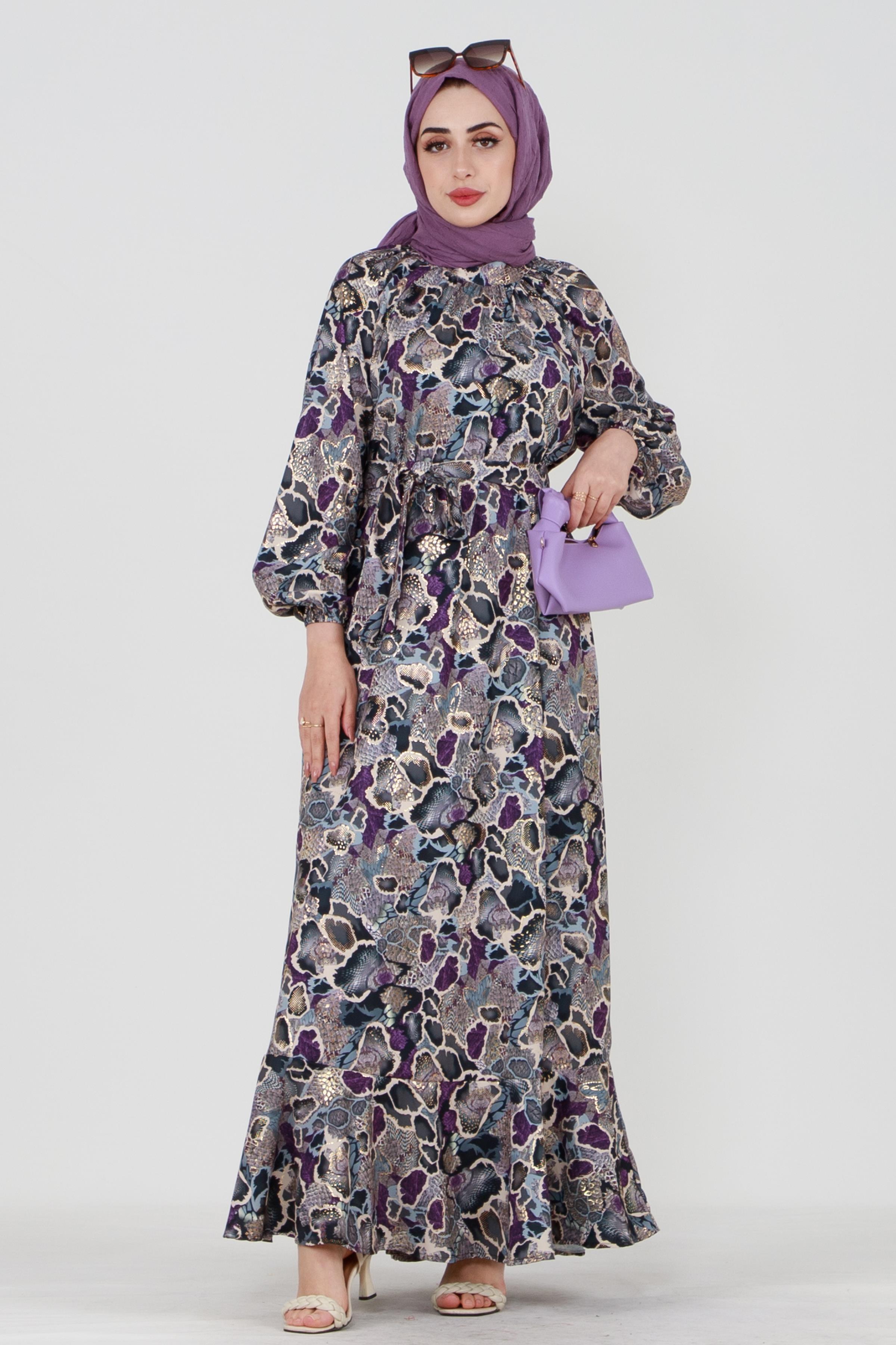 Gold Detail Mosaic Patterned Dress-Purple