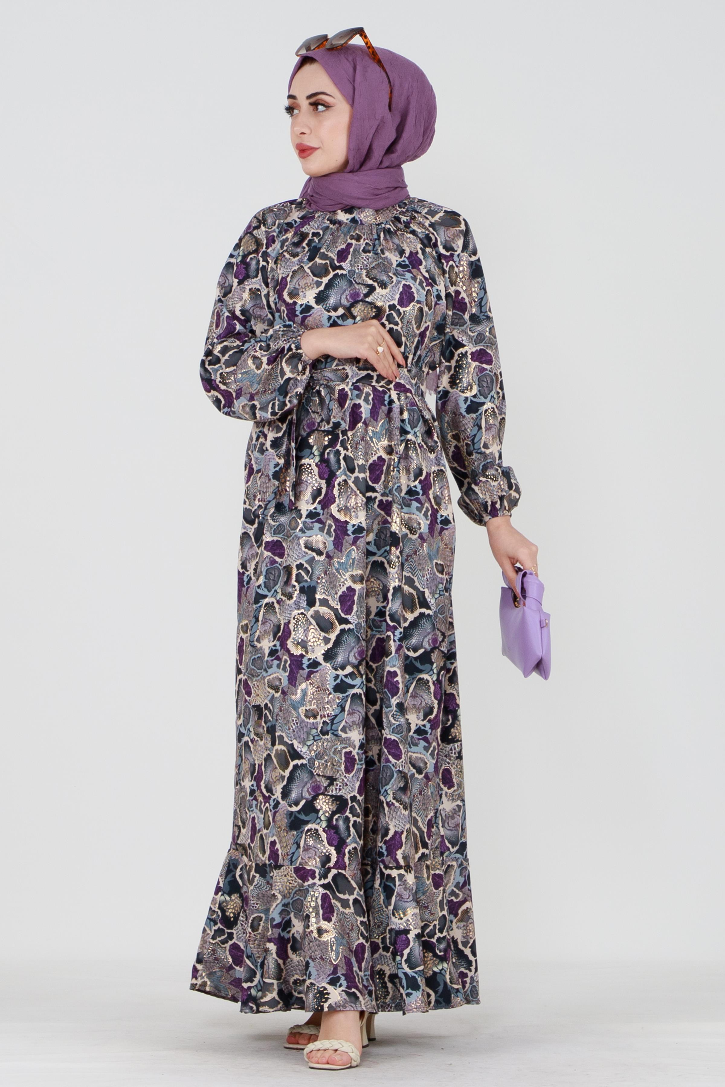 Gold Detail Mosaic Patterned Dress-Purple