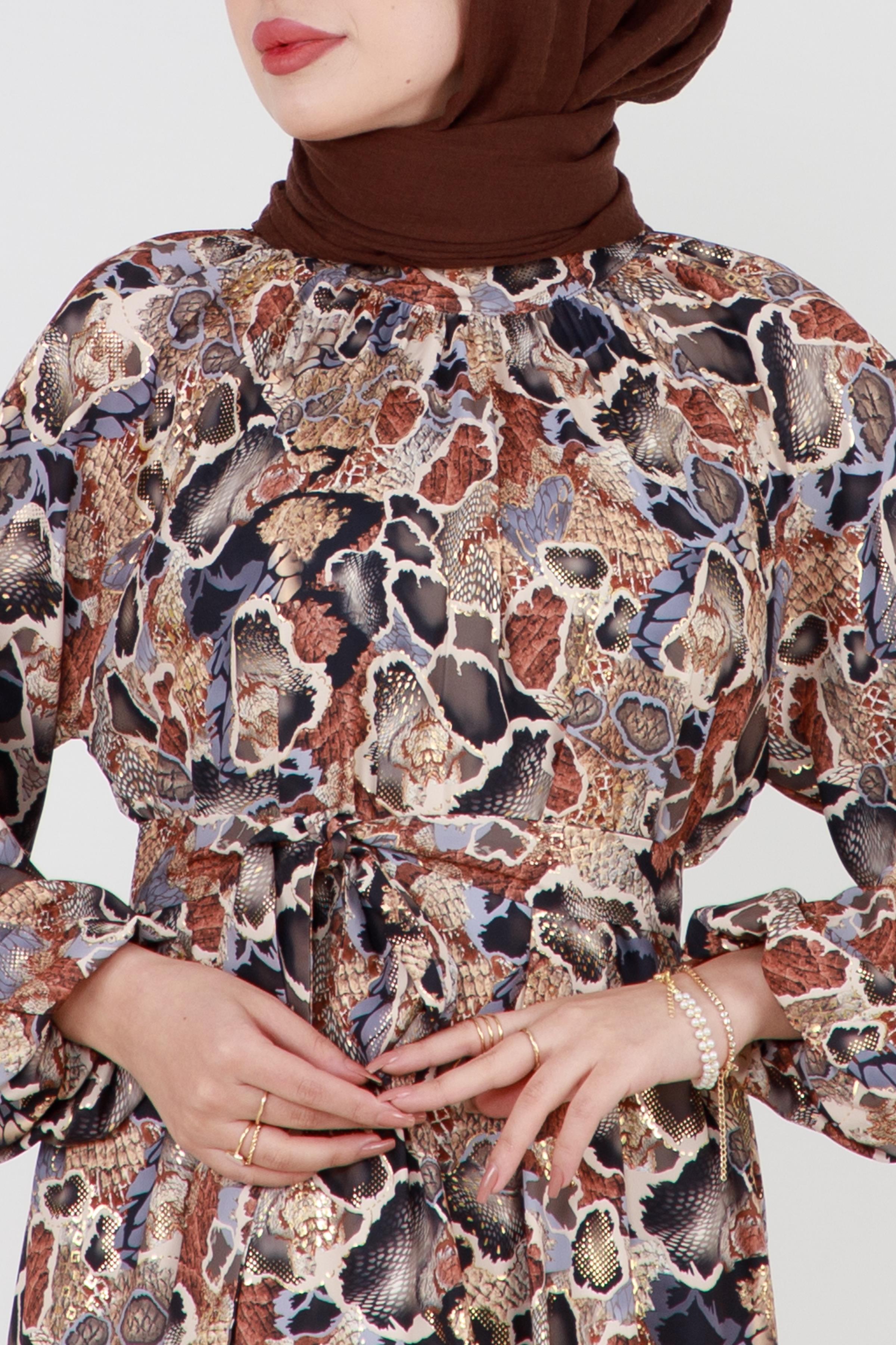 Gold Detail Mosaic Patterned Dress-Mink color