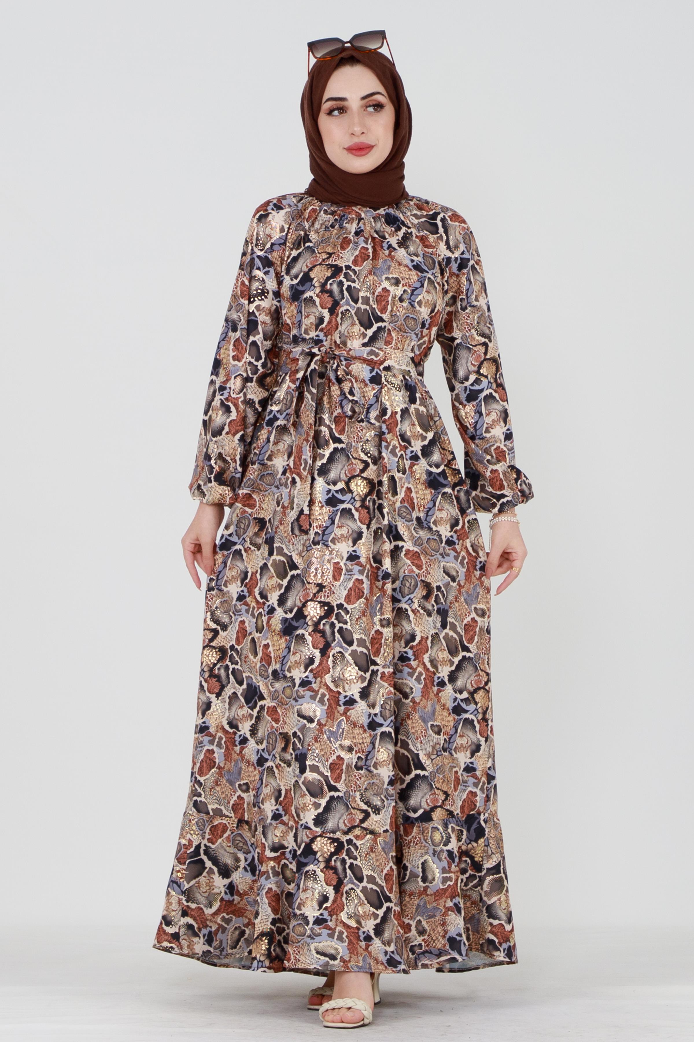 Gold Detail Mosaic Patterned Dress-Mink color