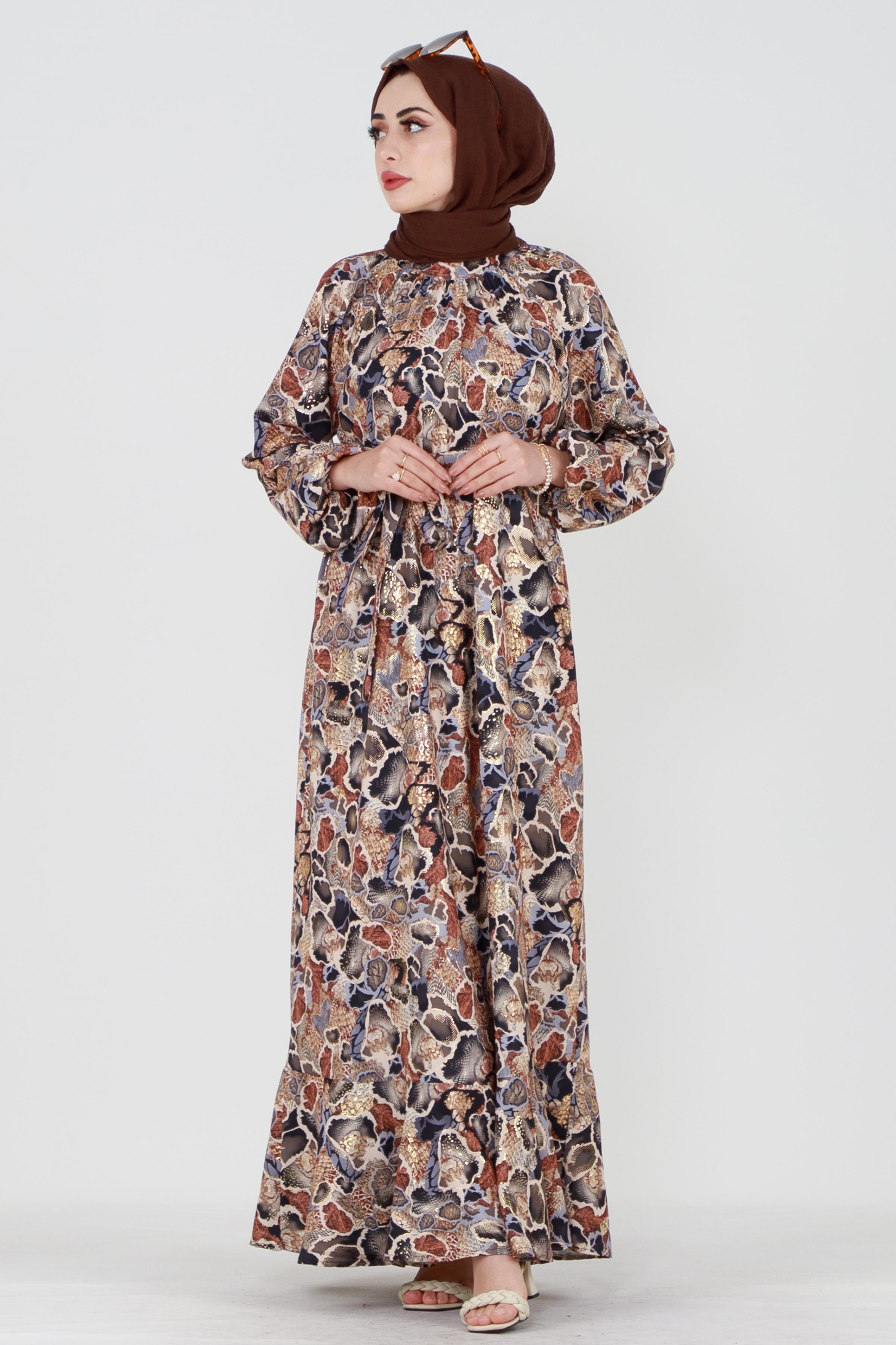 Gold Detail Mosaic Patterned Dress-Mink color