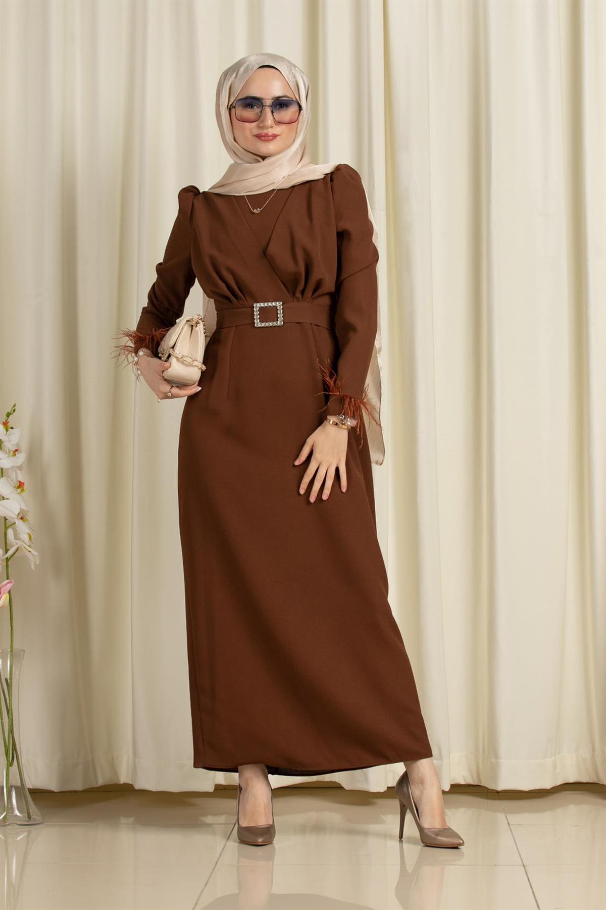 Venus Sleeve Feather Detail Evening Dress-Brown