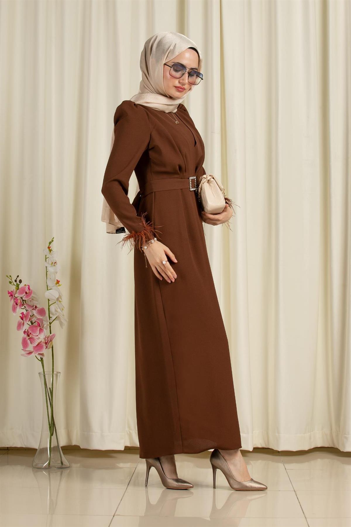 Venus Sleeve Feather Detail Evening Dress-Brown