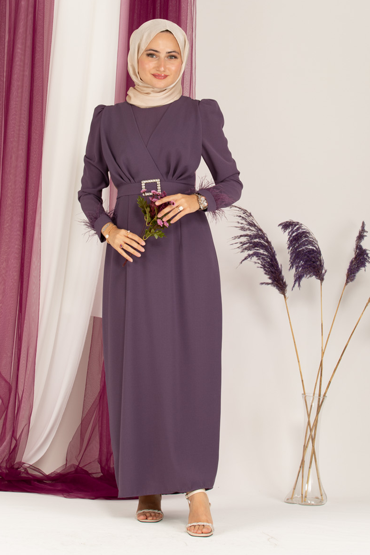 Venus Sleeve Feather Detail Evening Dress-Purple