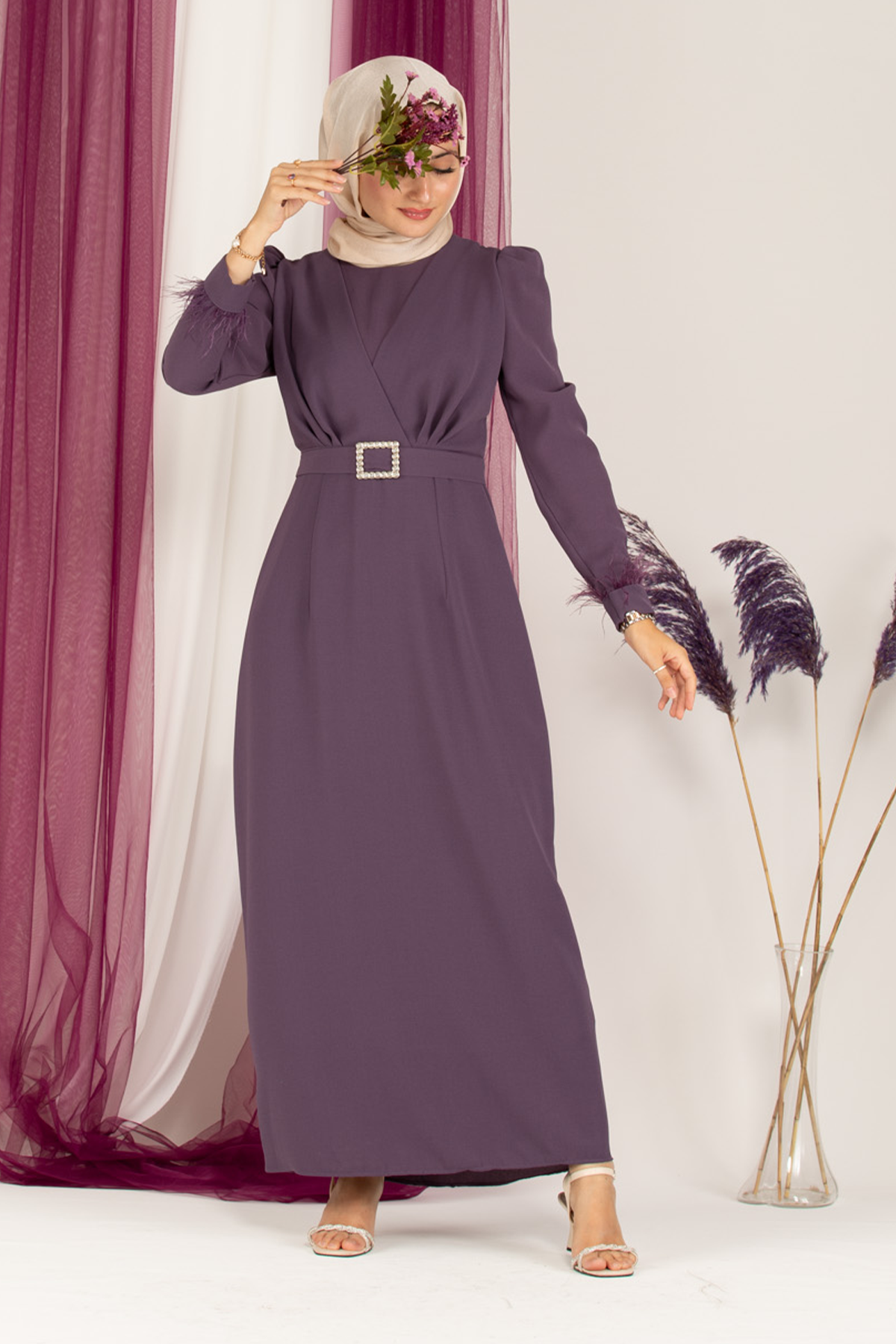 Venus Sleeve Feather Detail Evening Dress-Purple