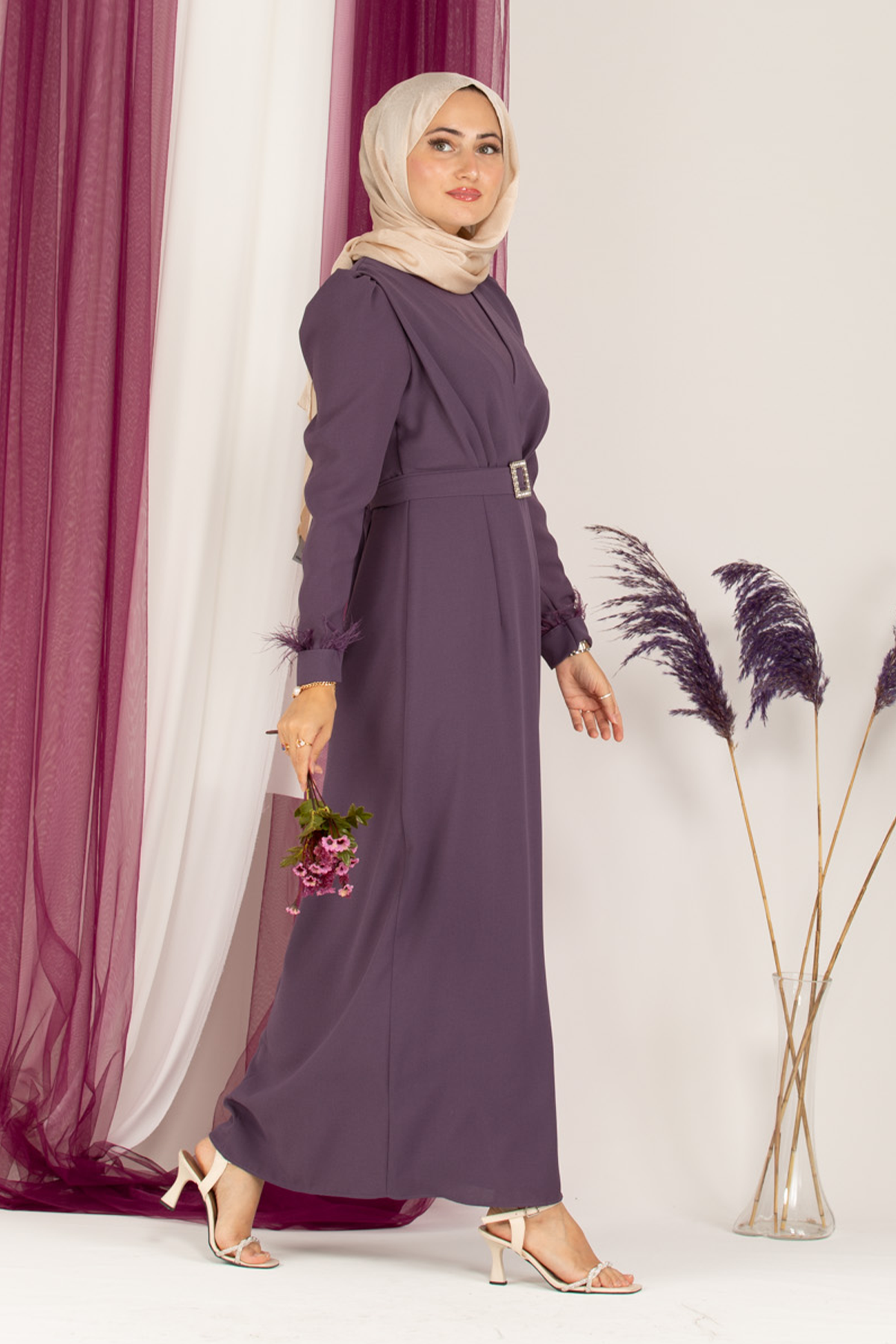 Venus Sleeve Feather Detail Evening Dress-Purple