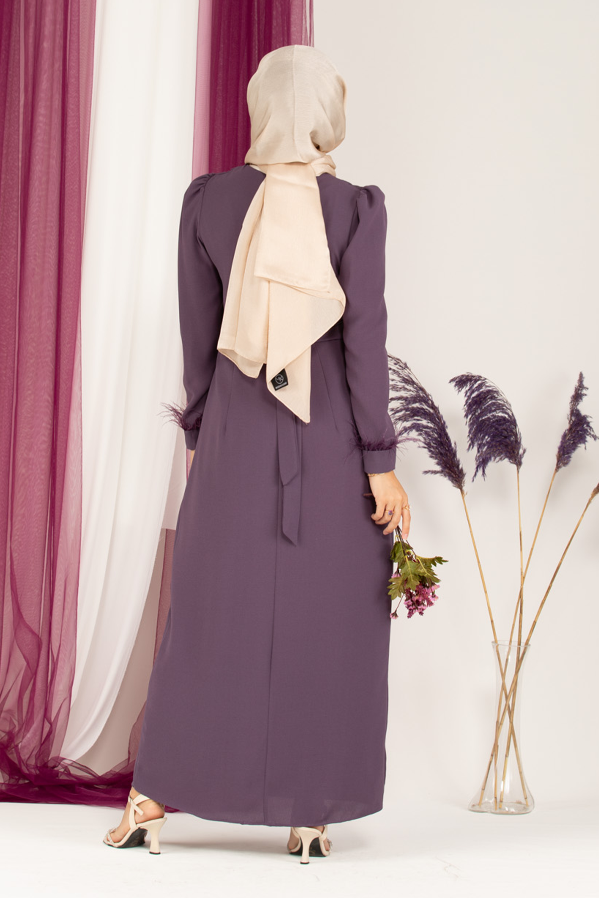 Venus Sleeve Feather Detail Evening Dress-Purple