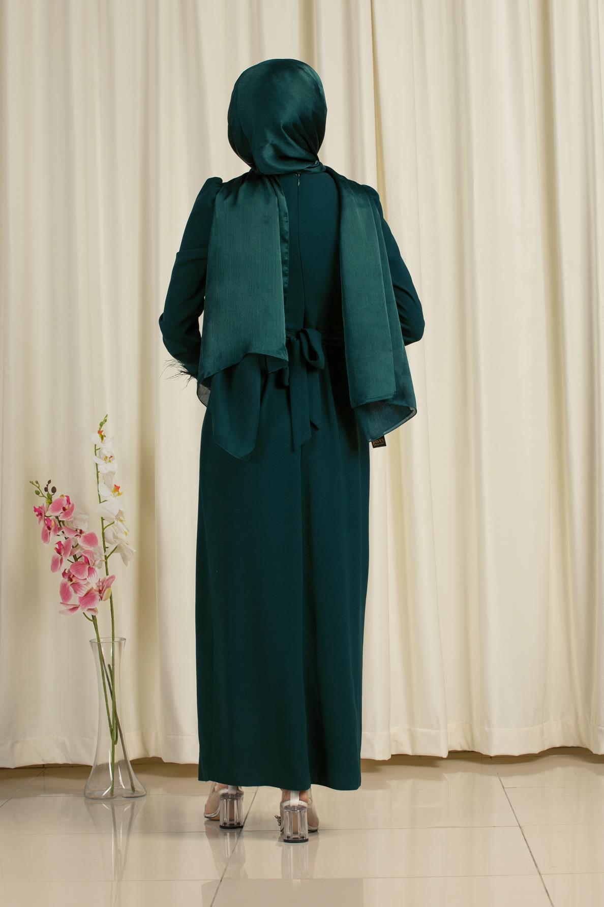 Evening dress with feather details and Venus sleeves - petrol color